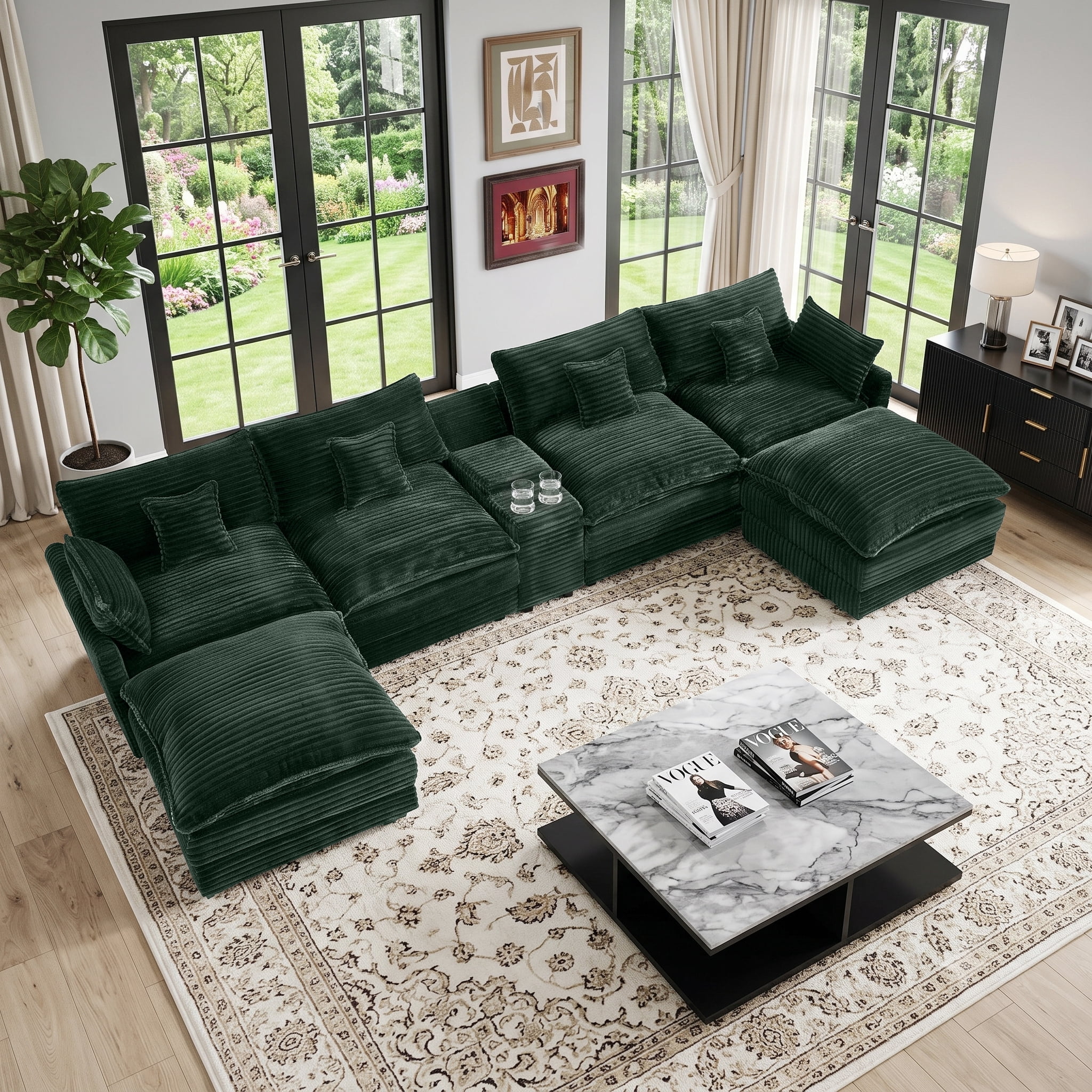 Wakefit 141" U Shaped Sectional Couch, Oversized Modular Sectional Sofa, 5 Seater Corduroy Cloud Couch with Hidden Storage, USB Ports & Cup Holders for Living Room, Green