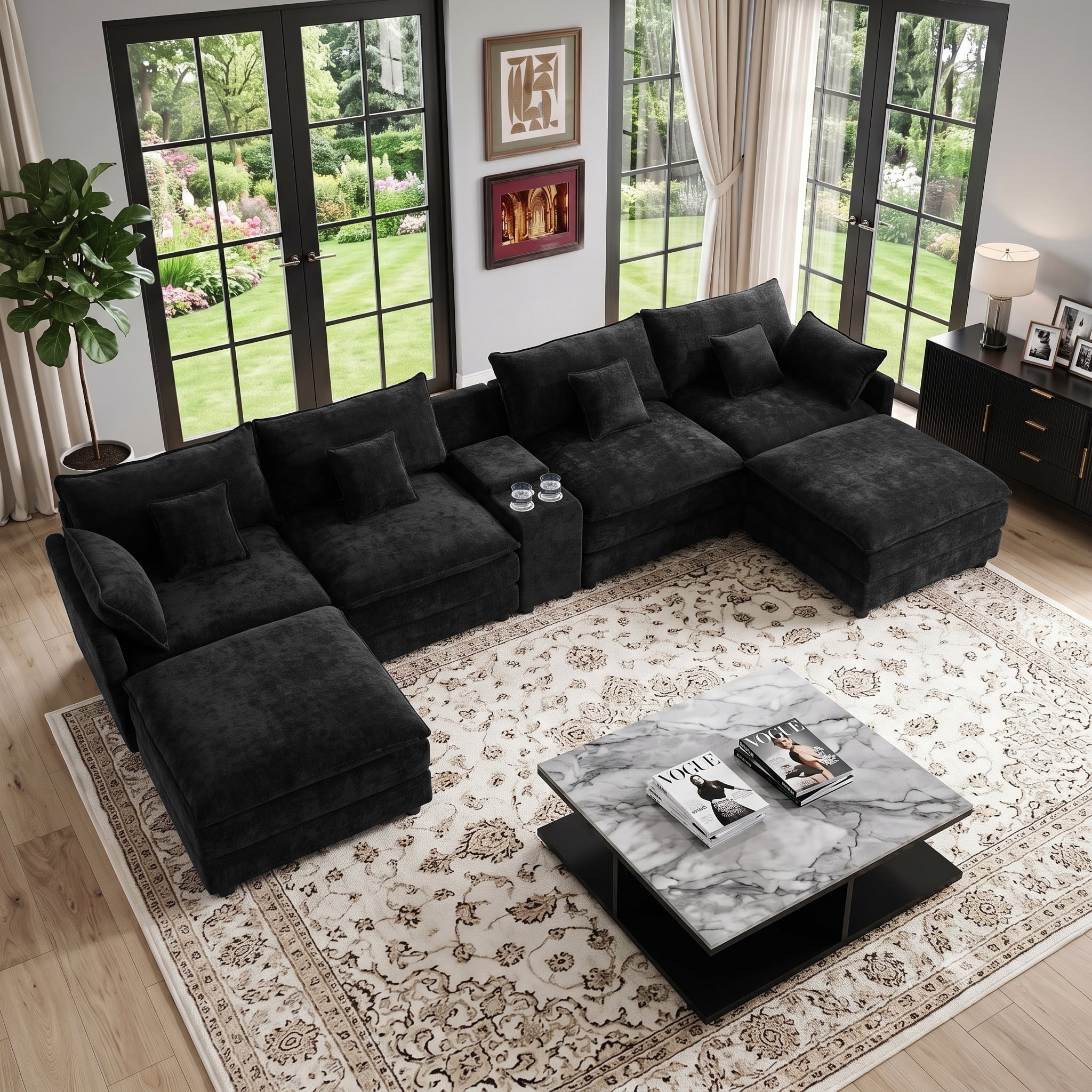 Wakefit 145" U Shaped Sectional Couch, Oversized Modular Sectional Sofa, 5 Seater Chenille Cloud Couch with Hidden Storage, USB Ports & Cup Holders for Living Room, Black