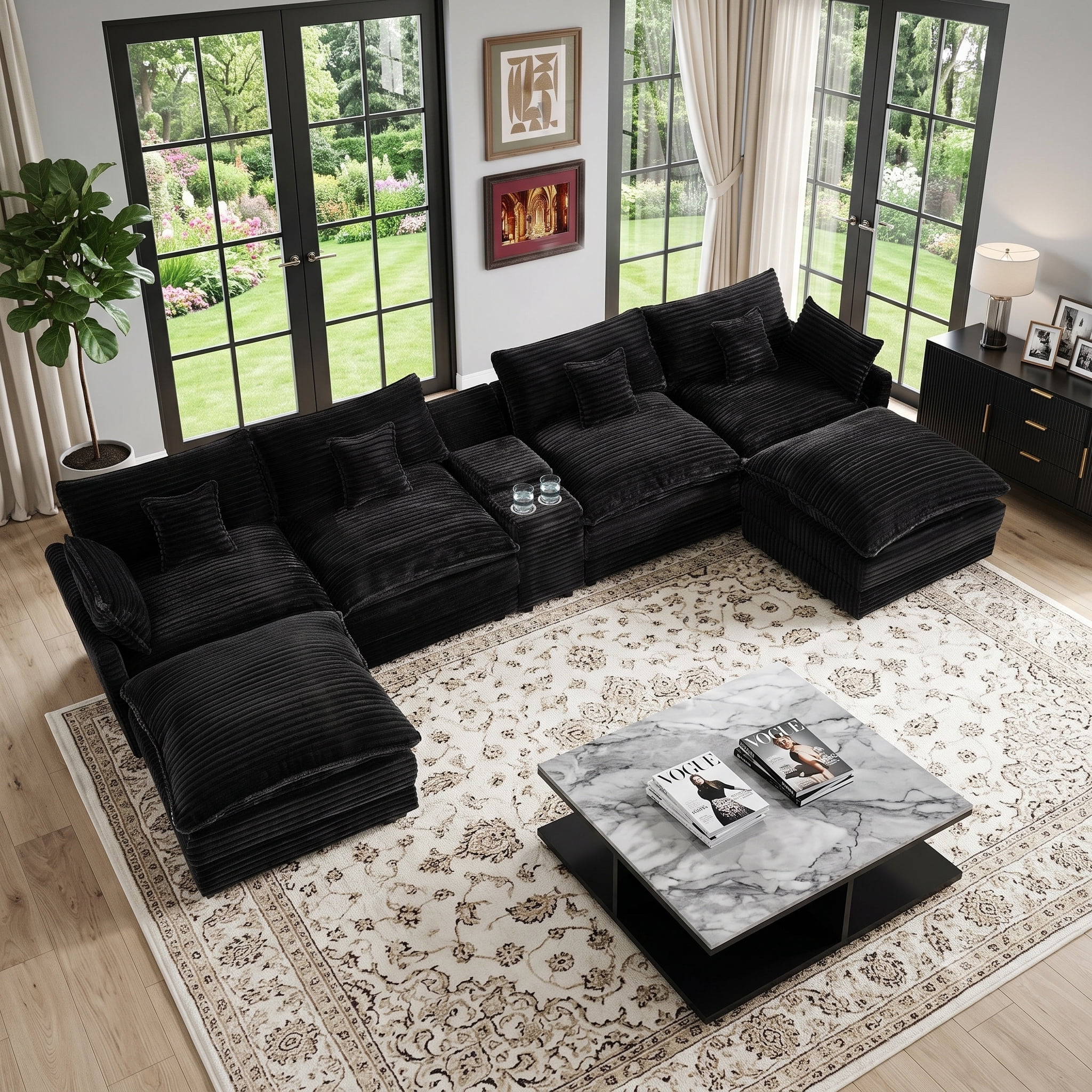 Wakefit 145" U Shaped Sectional Couch, Oversized Modular Sectional Sofa, 5 Seater Corduroy Cloud Couch with Hidden Storage, USB Ports & Cup Holders for Living Room, Black