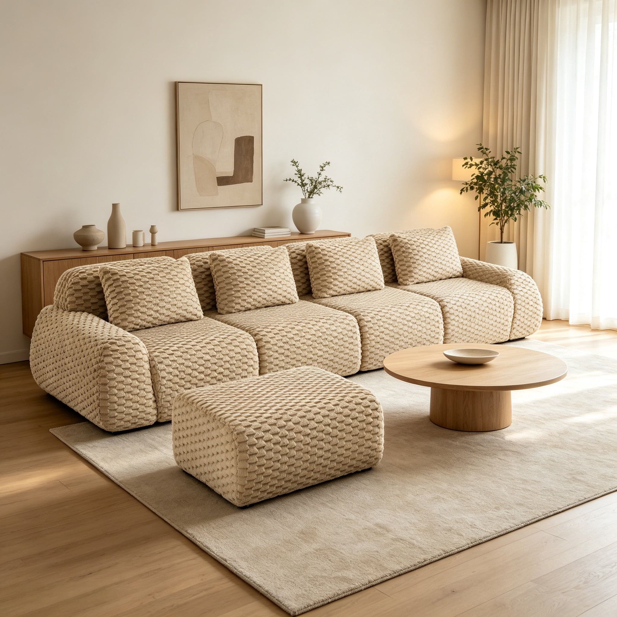 Wakefit 146" L Modular Sectional Sofa with Ottoman, Deep Seat Flannel Cloud Couch, No Assembly Boneless Modular Cloud Sofa, Anti-slip Design Sectional Sofas for Living Room, Light Camel