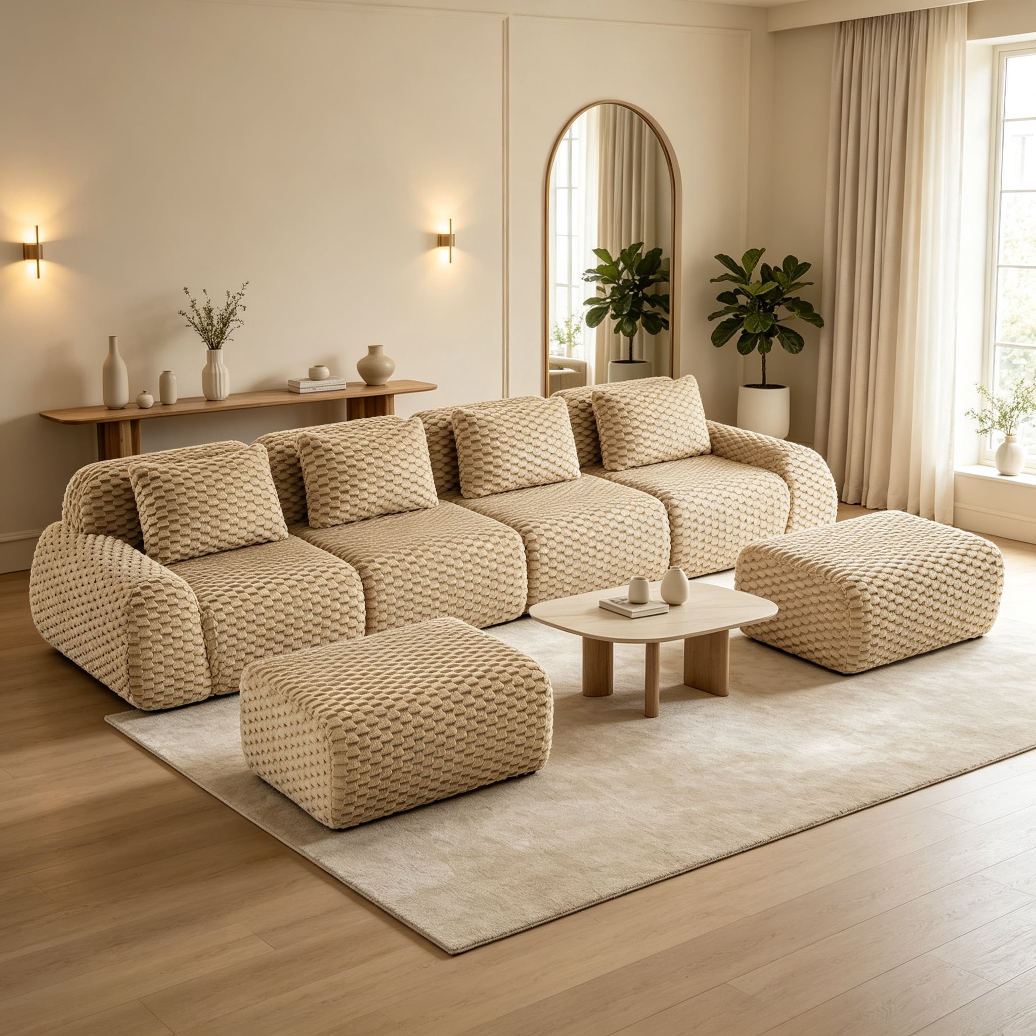 Wakefit 146" U Modular Sectional Sofa with 2 Ottomans, Deep Seat Flannel Cloud Couch, No Assembly Boneless Modular Cloud Sofa, Anti-slip Design Sectional Sofas for Living Room, Light Camel