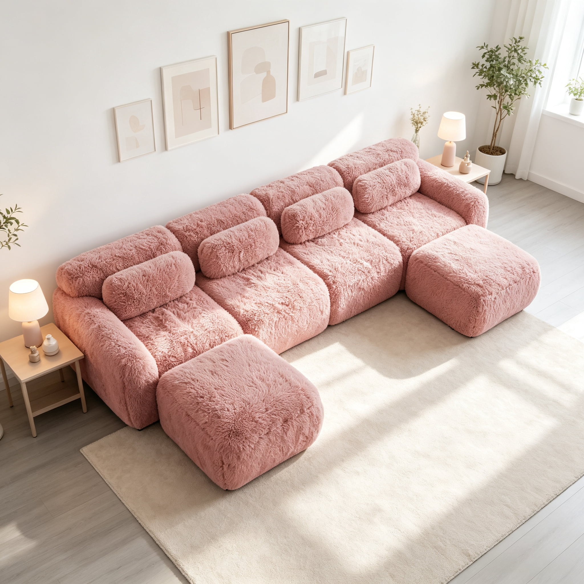 Wakefit 149" Modular Sectional Sofa, Boneless Couche 4 Seater Deep Seat Compressed Sofa, No Assembly Required, Soft Fluffy Plush Fabric, Cloud Comfy Sofa Set with 2 Ottomans, Pink