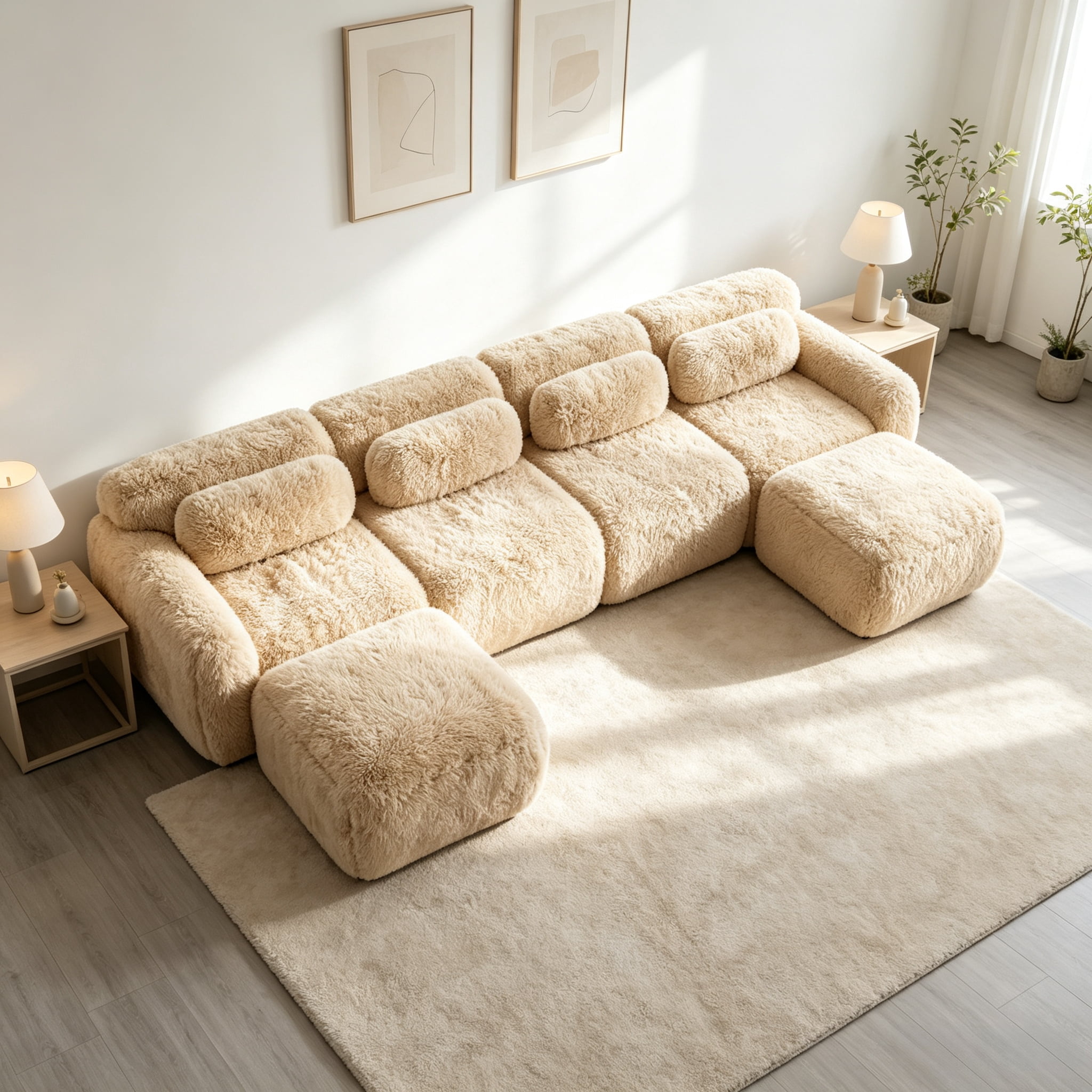 Wakefit 149" Modular Sectional Sofa, Boneless Couche 4 Seater Deep Seat Compressed Sofa, No Assembly Required, Soft Fluffy Plush Fabric, Cloud Comfy Sofa Set with 2 Ottomans, Light Khaki