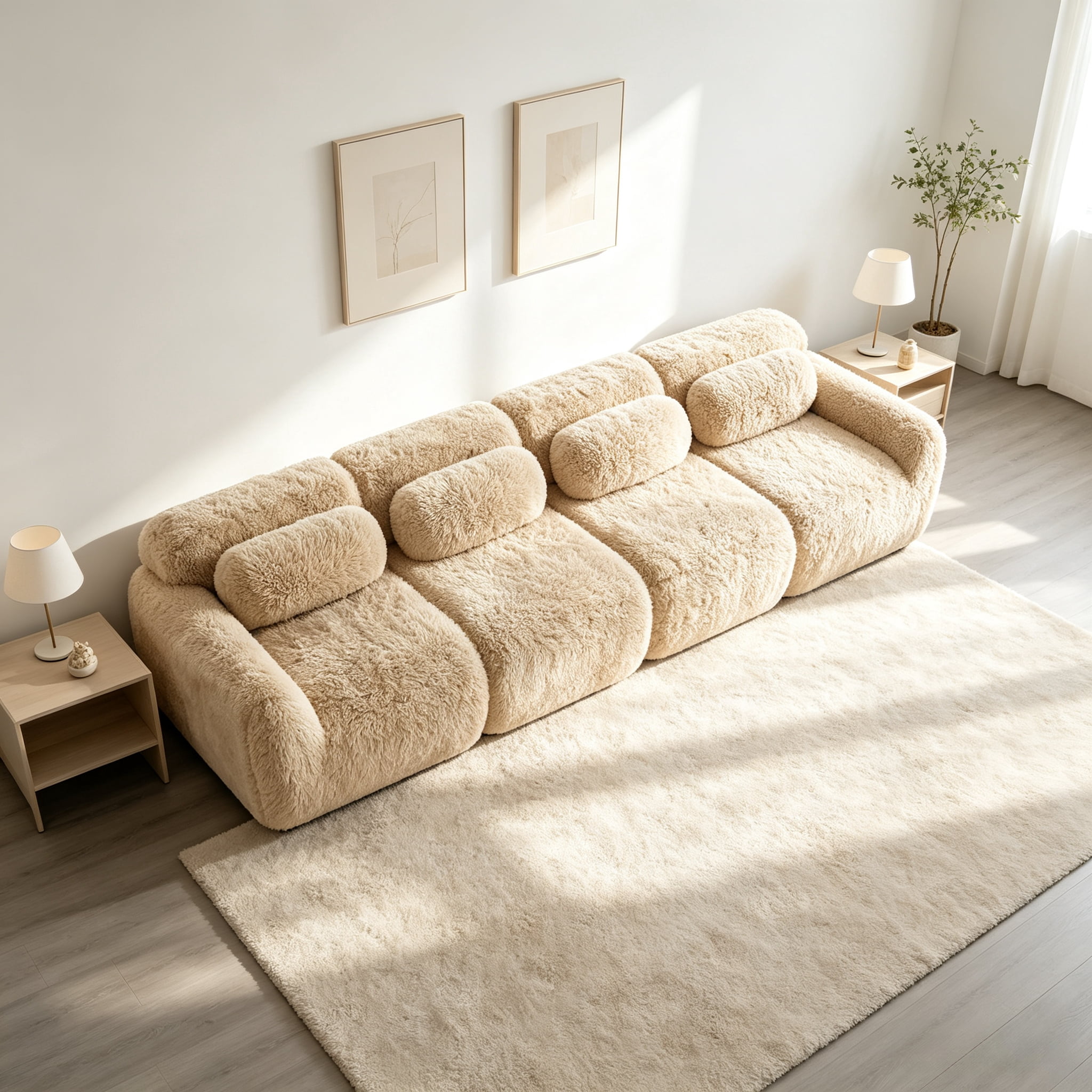Wakefit 149" Modular Sectional Sofa, Boneless Couche 4 Seater Deep Seat Compressed Sofa, No Assembly Required, Soft Fluffy Plush Fabric, Cloud Comfy Sofa Set, Light Khaki