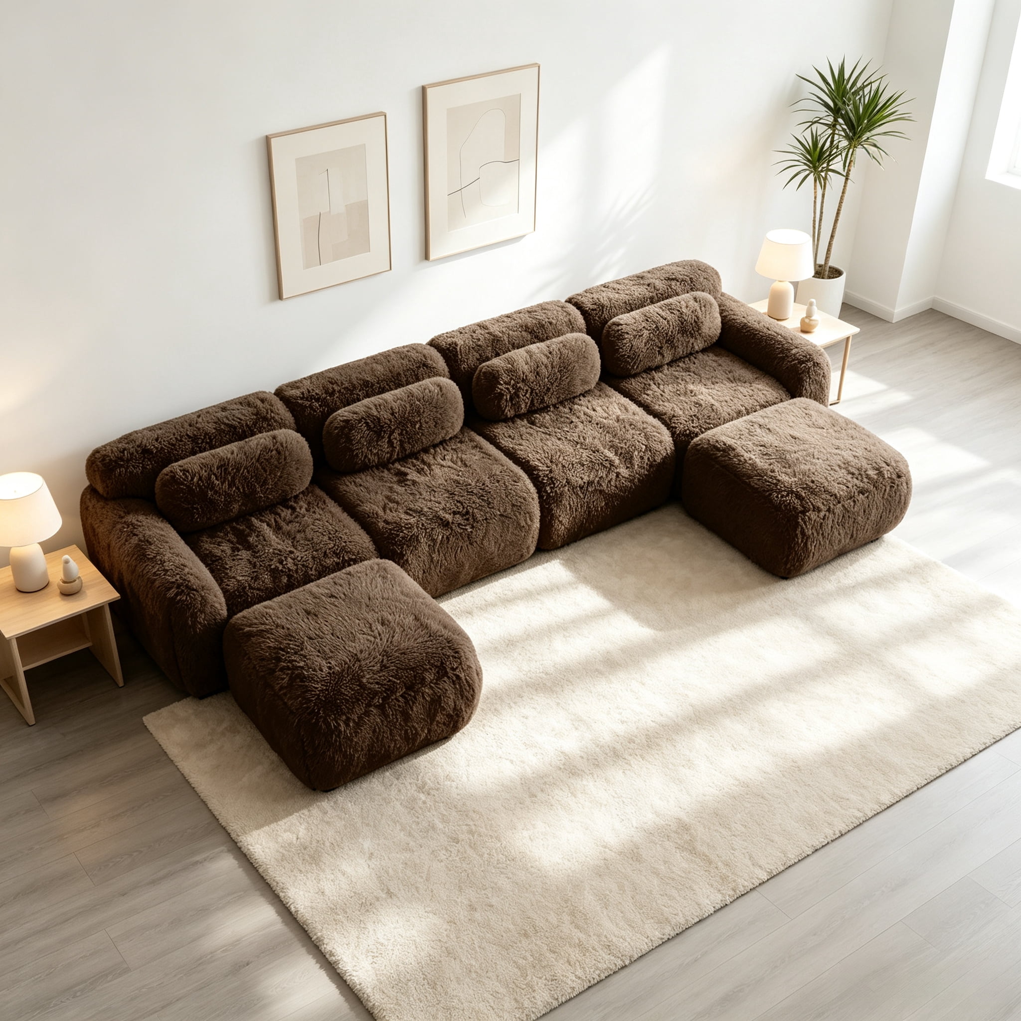 Wakefit 149" Modular Sectional Sofa, Boneless Couche 4 Seater Deep Seat Compressed Sofa, No Assembly Required, Soft Fluffy Plush Fabric, Cloud Comfy Sofa Set with 2 Ottomans, Chocolate