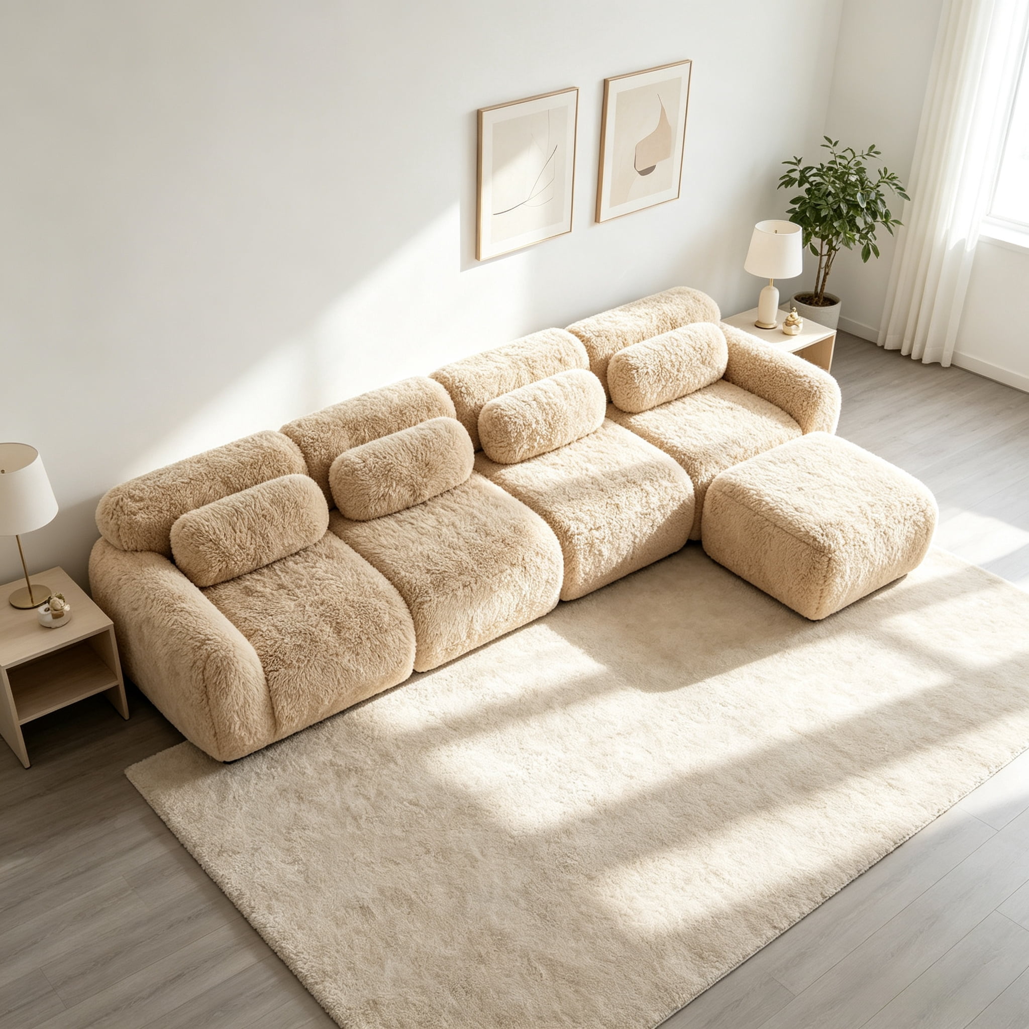 Wakefit 149" Modular Sectional Sofa, Boneless Couche 4 Seater Deep Seat Compressed Sofa, No Assembly Required, Soft Fluffy Plush Fabric, Cloud Comfy Sofa Set with 1 Ottoman, Light Khaki