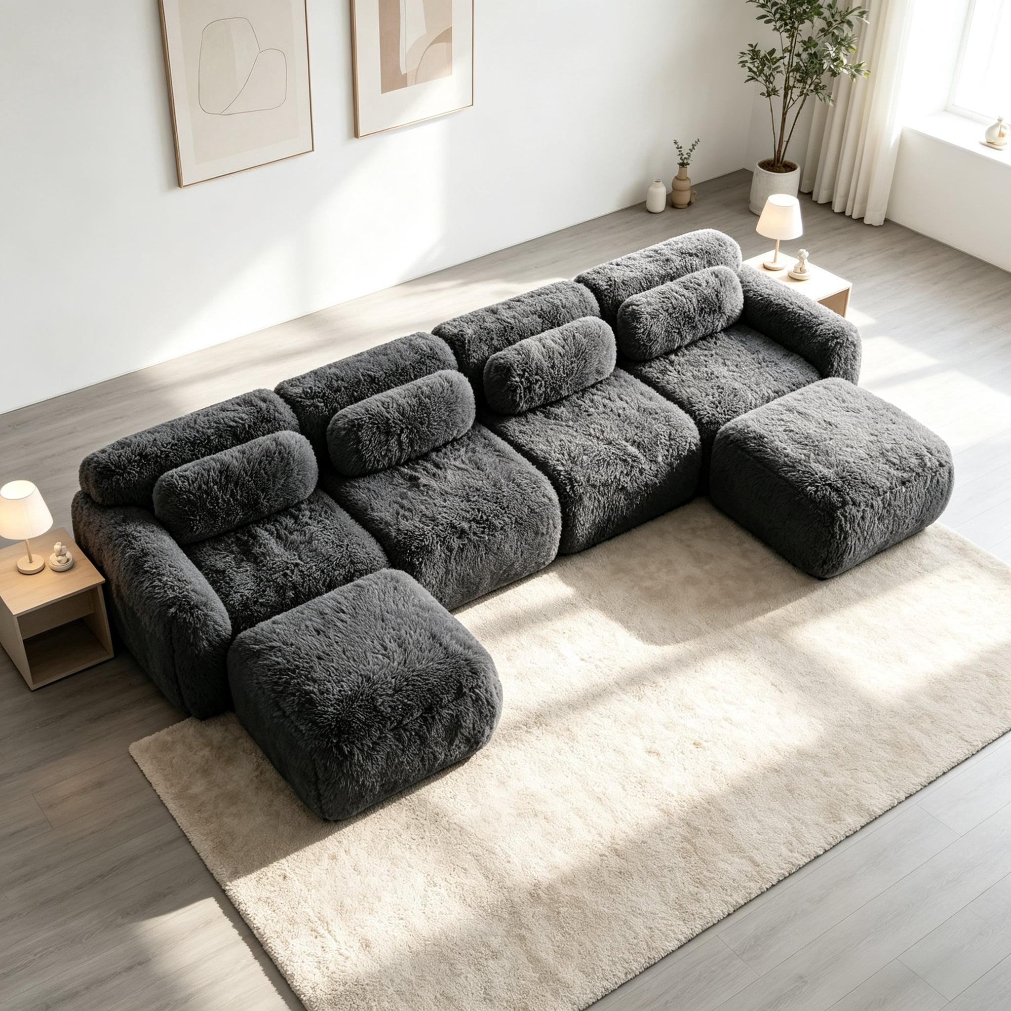 Wakefit 149" Modular Sectional Sofa, Boneless Couche 4 Seater Deep Seat Compressed Sofa, No Assembly Required, Soft Fluffy Plush Fabric, Cloud Comfy Sofa Set with 2 Ottomans, Drak Gray