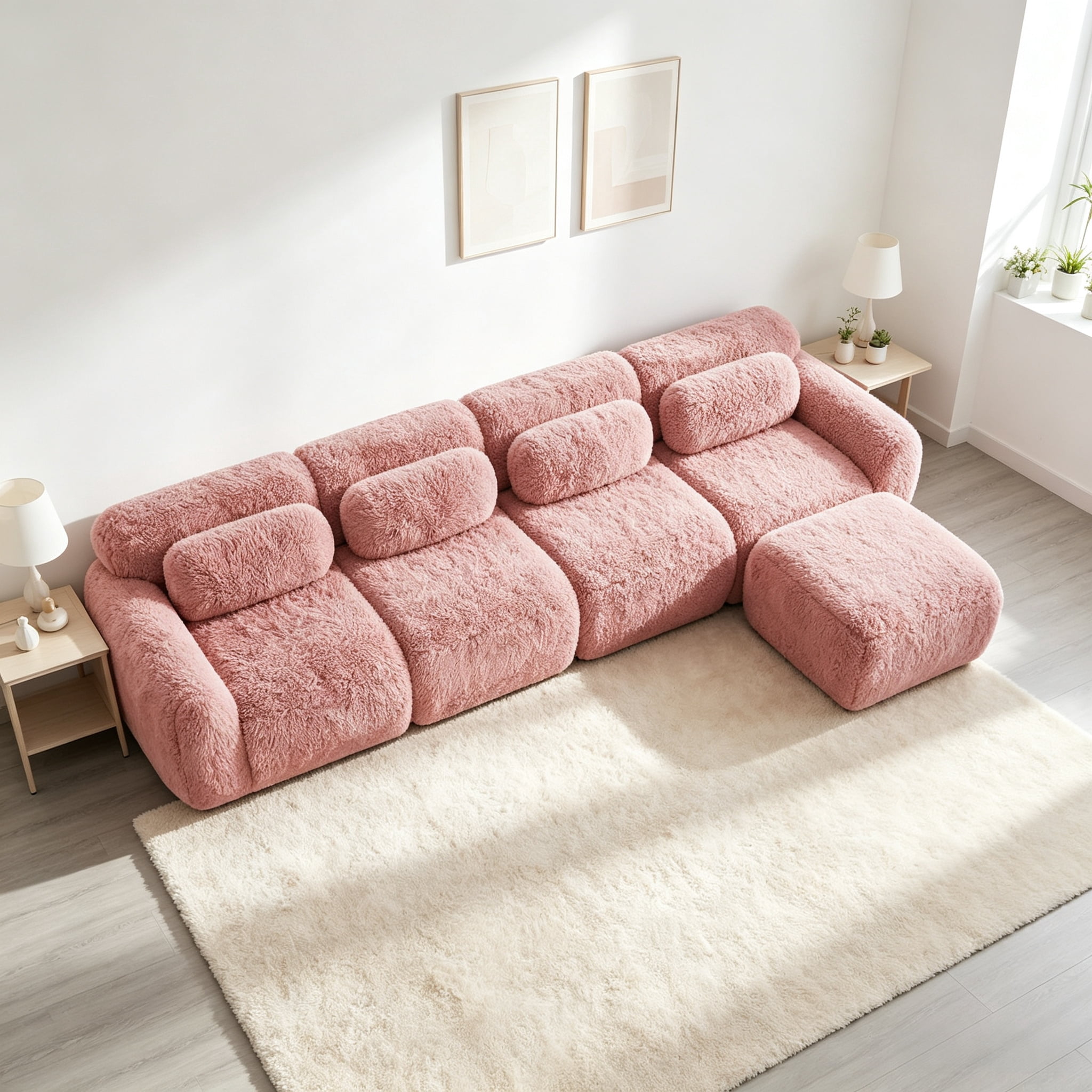 Wakefit 149" Modular Sectional Sofa, Boneless Couche 4 Seater Deep Seat Compressed Sofa, No Assembly Required, Soft Fluffy Plush Fabric, Cloud Comfy Sofa Set with 1 Ottoman, Pink