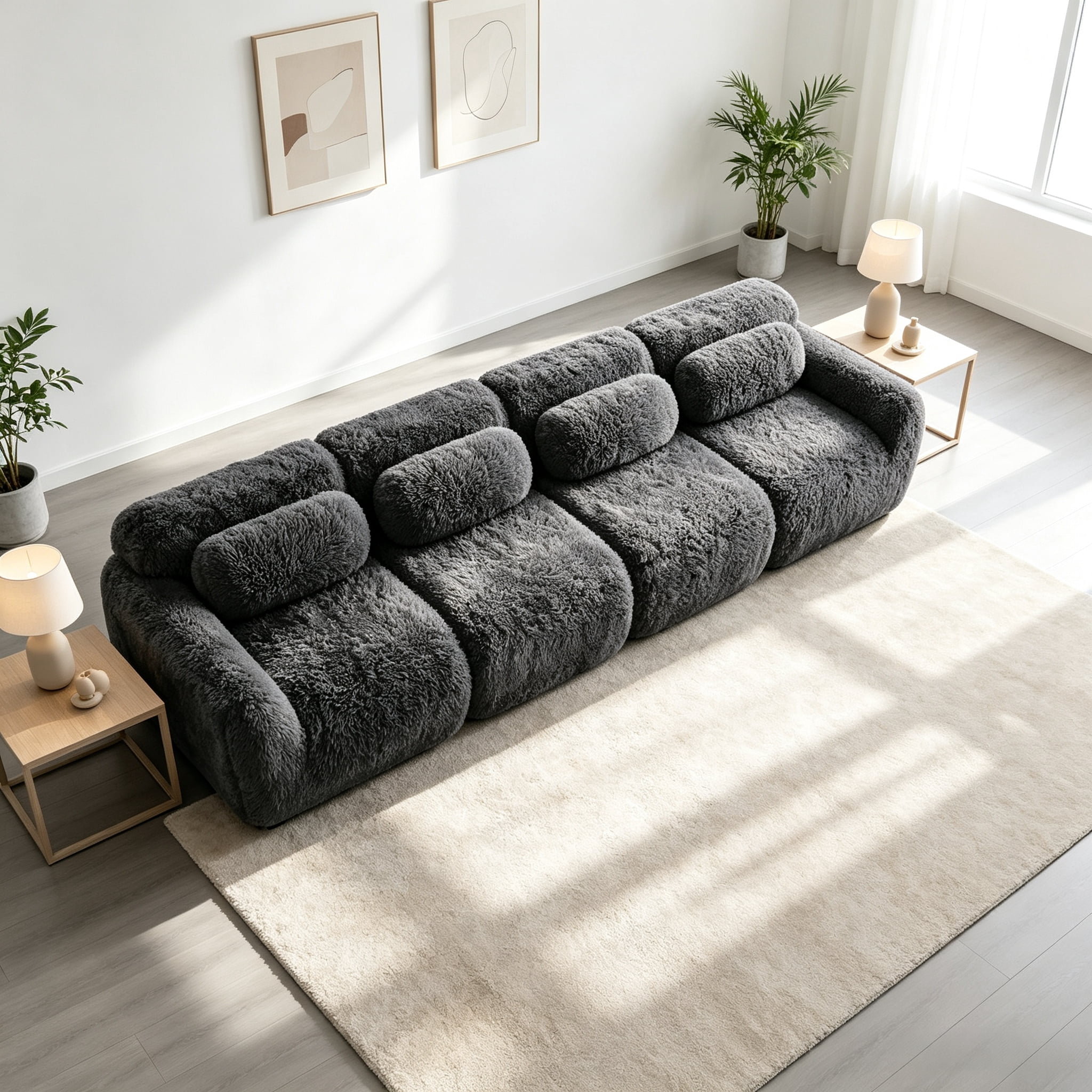 Wakefit 149" Modular Sectional Sofa, Boneless Couche 4 Seater Deep Seat Compressed Sofa, No Assembly Required, Soft Fluffy Plush Fabric, Cloud Comfy Sofa Set, Drak Gray