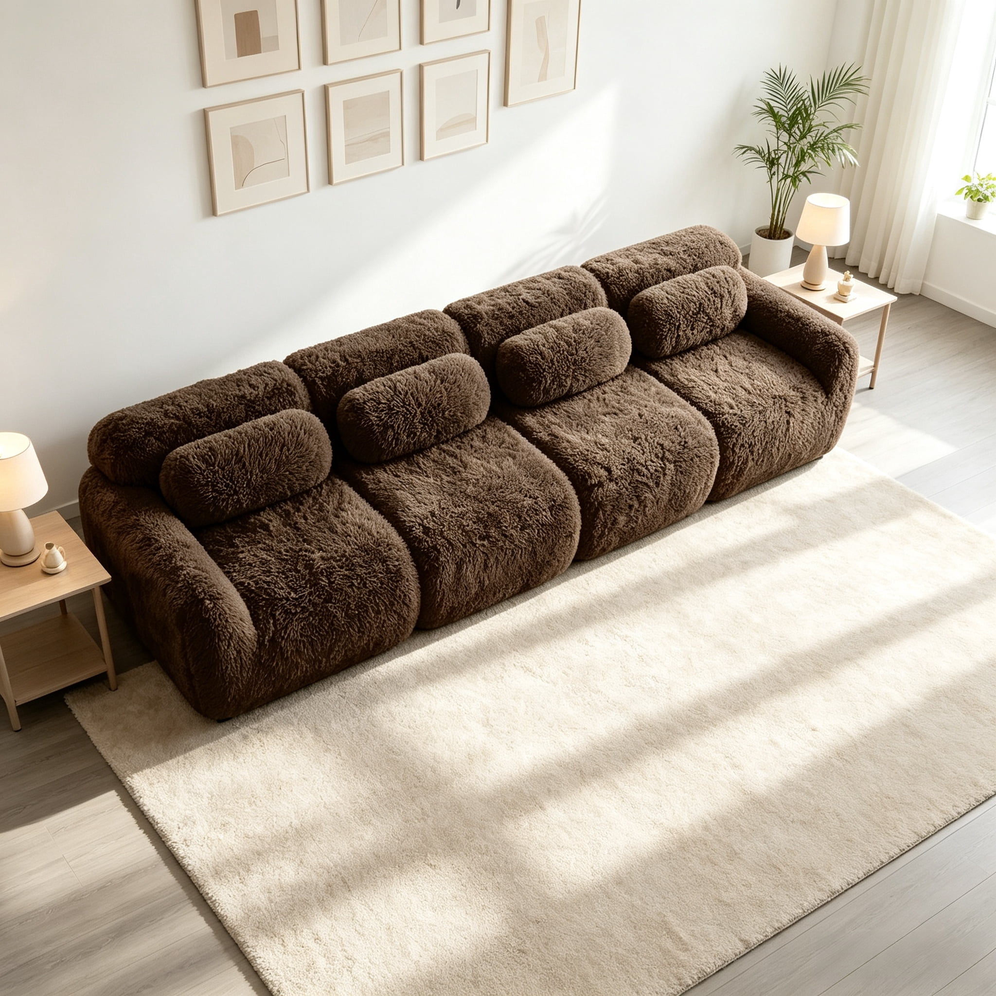 Wakefit 149" Modular Sectional Sofa, Boneless Couche 4 Seater Deep Seat Compressed Sofa, No Assembly Required, Soft Fluffy Plush Fabric, Cloud Comfy Sofa Set, Chocolate