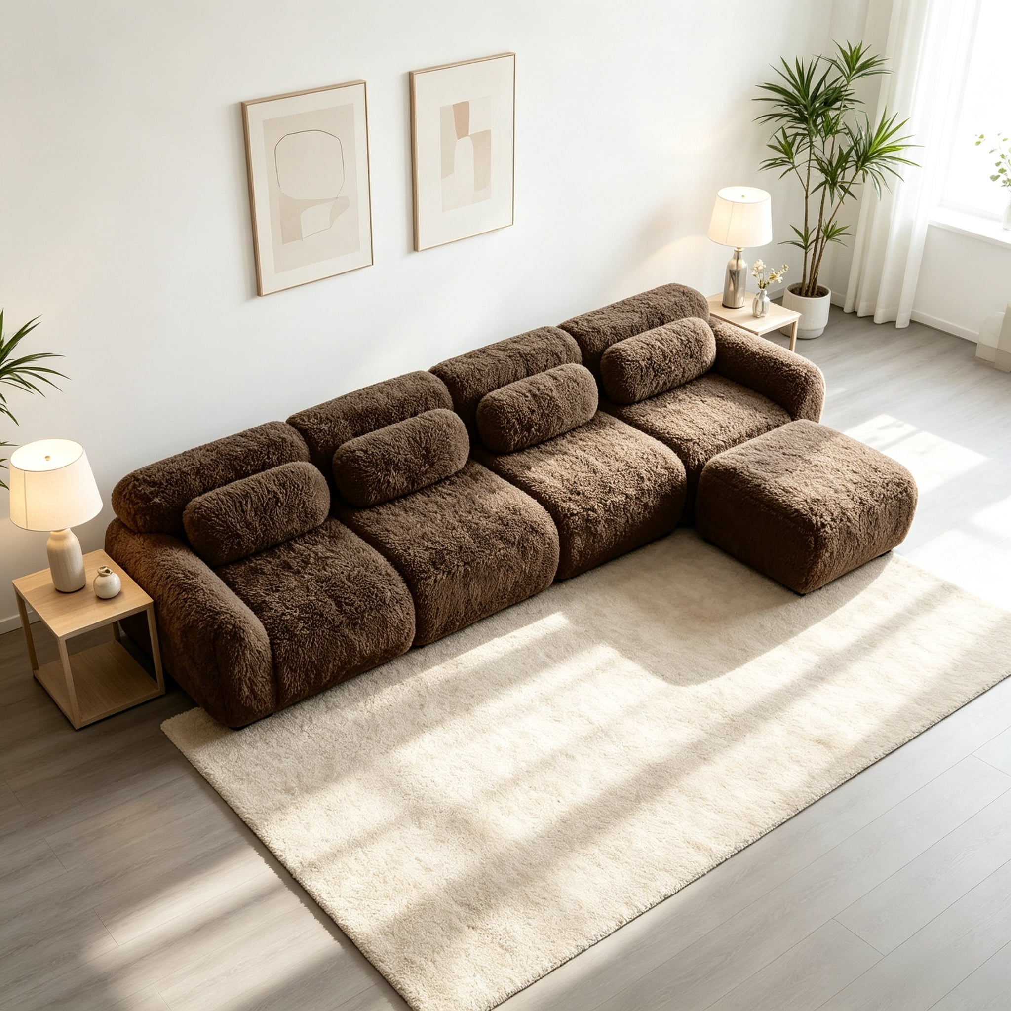 Wakefit 149" Modular Sectional Sofa, Boneless Couche 4 Seater Deep Seat Compressed Sofa, No Assembly Required, Soft Fluffy Plush Fabric, Cloud Comfy Sofa Set with 1 Ottoman, Chocolate