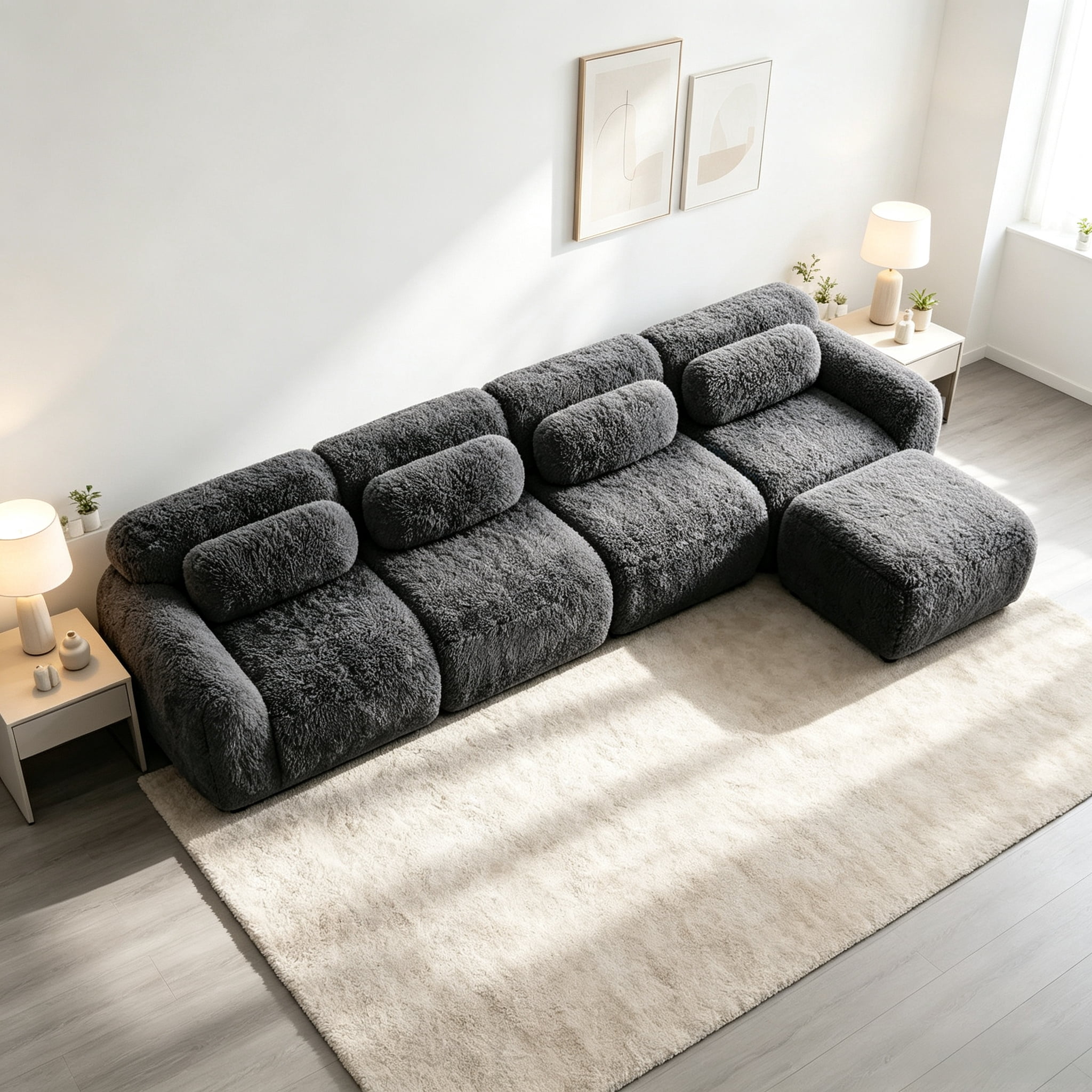 Wakefit 149" Modular Sectional Sofa, Boneless Couche 4 Seater Deep Seat Compressed Sofa, No Assembly Required, Soft Fluffy Plush Fabric, Cloud Comfy Sofa Set with 1 Ottoman, Drak Gray