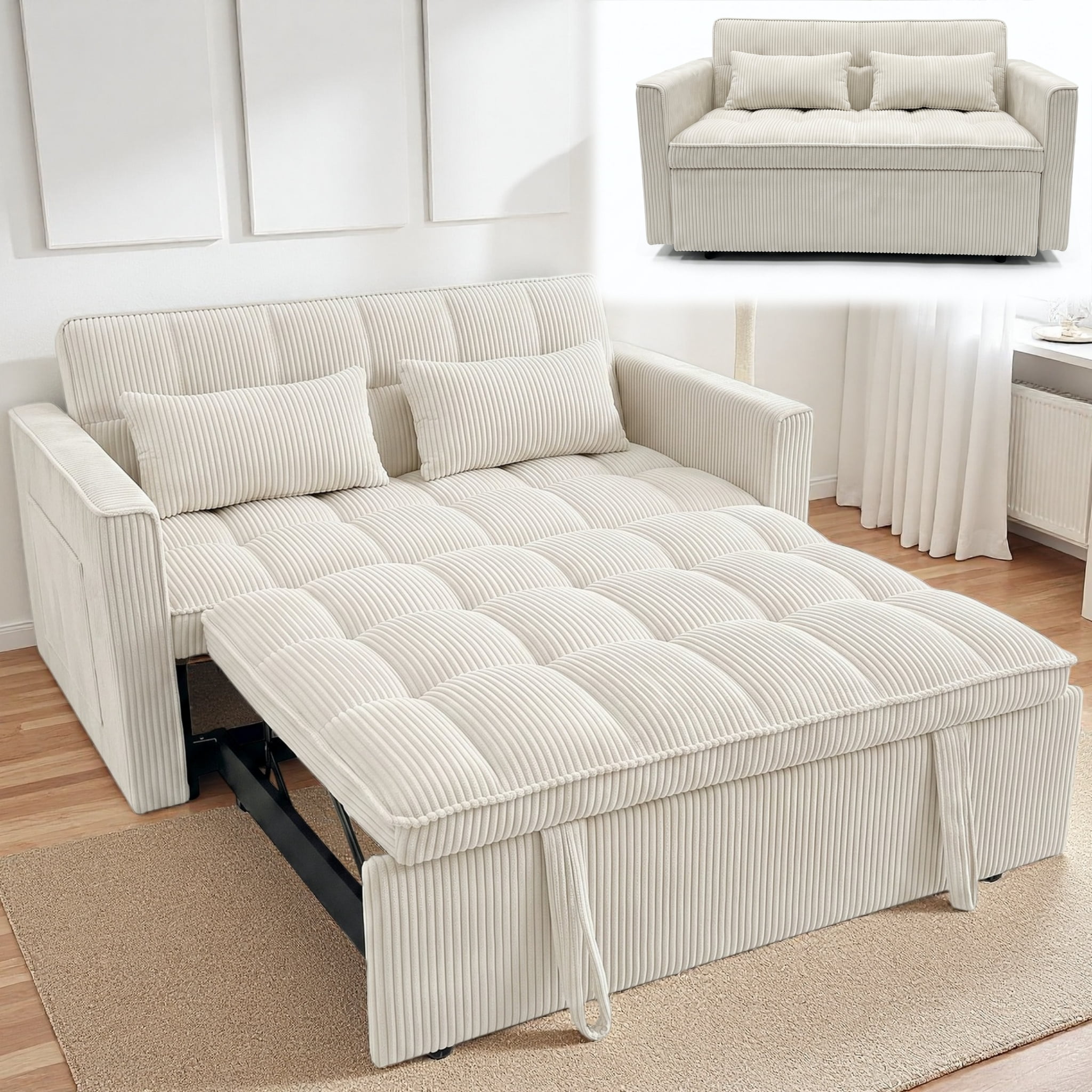 Wakefit 54" 3 in 1 Convertible Sleeper Sofa Bed, Corduroy Loveseat Couch Bed Sofa Pull Out with 5-Position Adjustable Backrest, Storage Pockets, Lumbar Pillows for Living Room, Beige