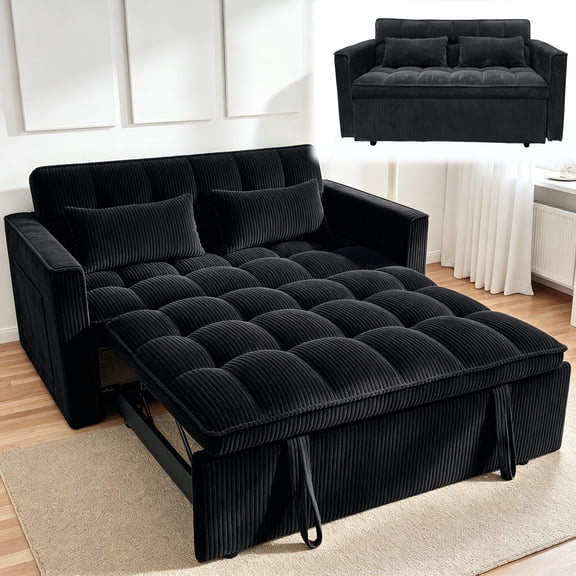 Wakefit 54" 3 in 1 Convertible Sleeper Sofa Bed, Corduroy Loveseat Couch Bed Sofa Pull Out with 5-Position Adjustable Backrest, Storage Pockets, Lumbar Pillows for Living Room, Black