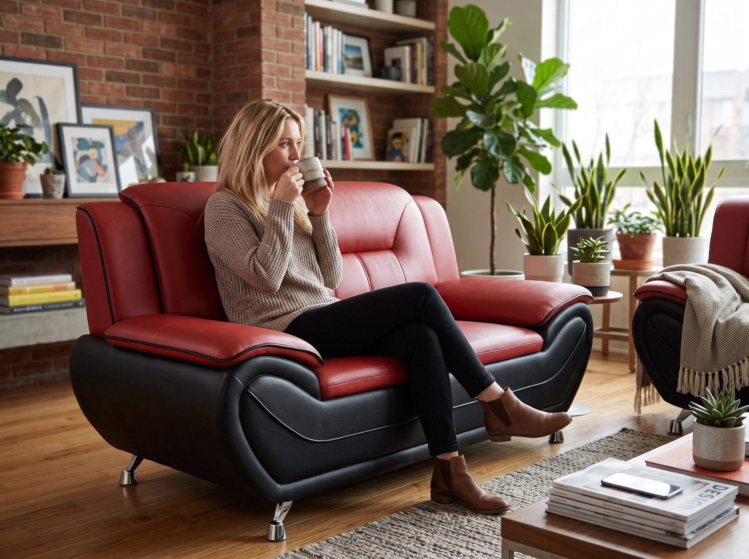 Wakefit 61"W Modern Faux Leather Loveseat,Upholstered 2-Seater Sofa Couch with Stainless Steel Legs for Living Room,Apartments,Red & Black