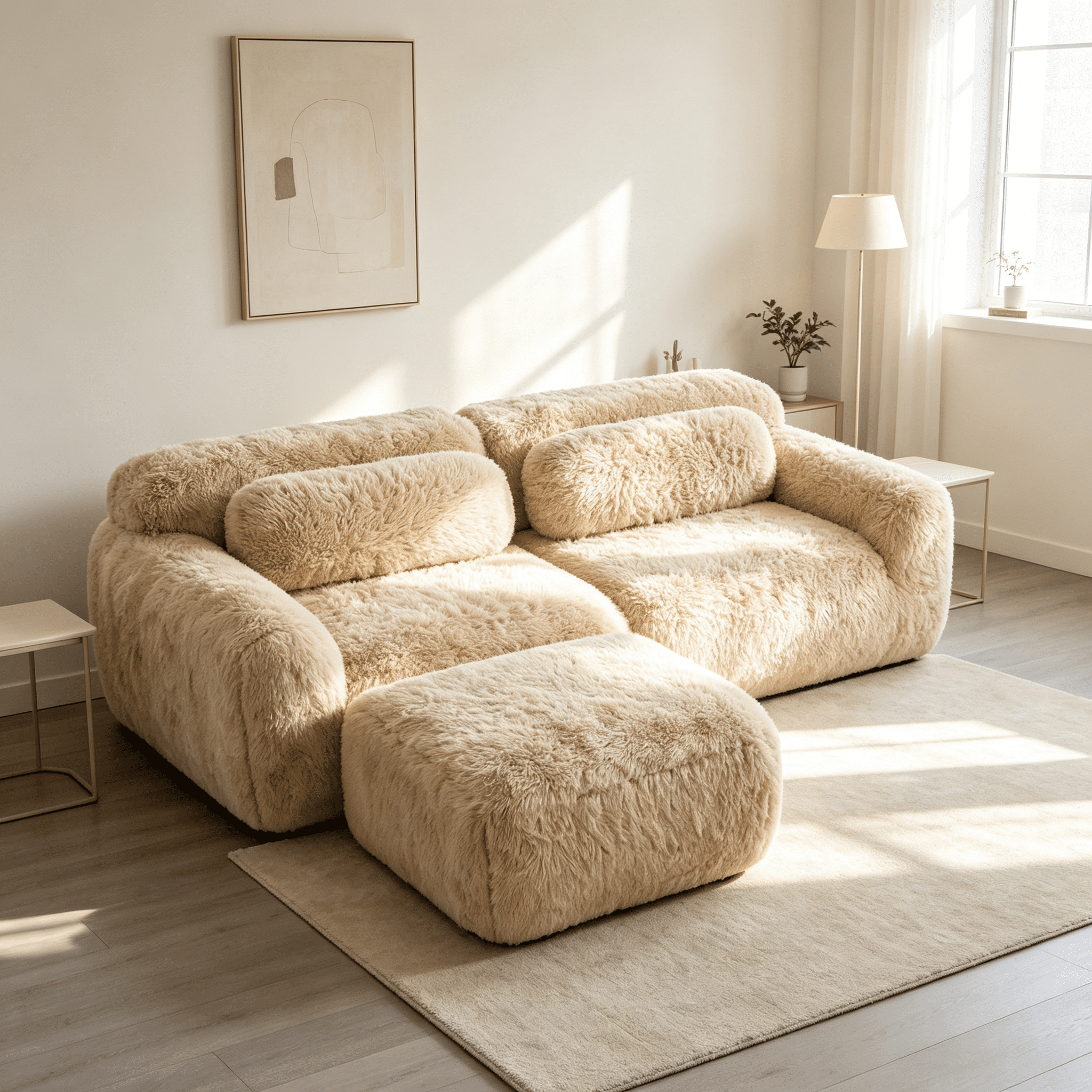 Wakefit 80" Loveseat Sofa, 2-Seater Modular Sectional Sofa Couch with Pillows, Soft Fluffy Plush Fabric Cloud Sofa, 32D High Density Foam Deep Seat with 1 Ottoman, No Assembly, Light Khaki