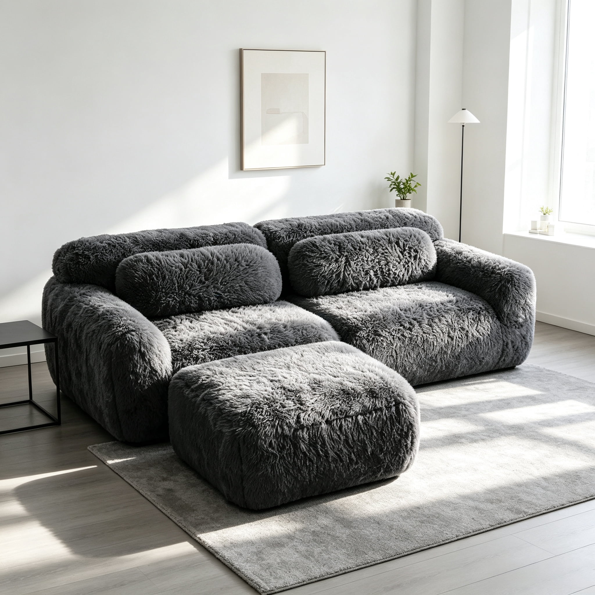 Wakefit 80" Loveseat Sofa, 2-Seater Modular Sectional Sofa Couch with Pillows, Soft Fluffy Plush Fabric Cloud Sofa, 32D High Density Foam Deep Seat with 1 Ottoman, No Assembly, Drak Gray