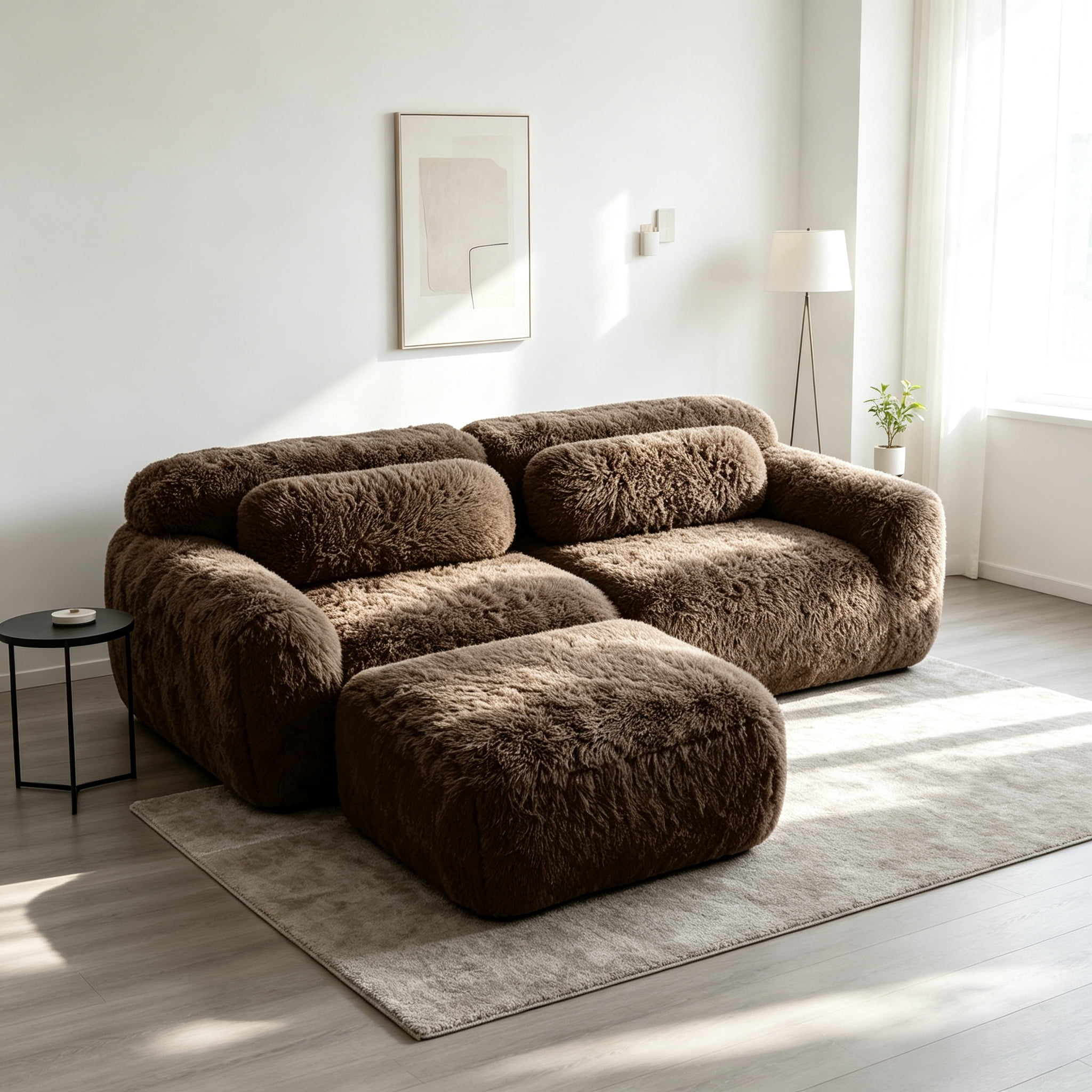 Wakefit 80" Loveseat Sofa, 2-Seater Modular Sectional Sofa Couch with Pillows, Soft Fluffy Plush Fabric Cloud Sofa, 32D High Density Foam Deep Seat with 1 Ottoman, No Assembly, Chocolate