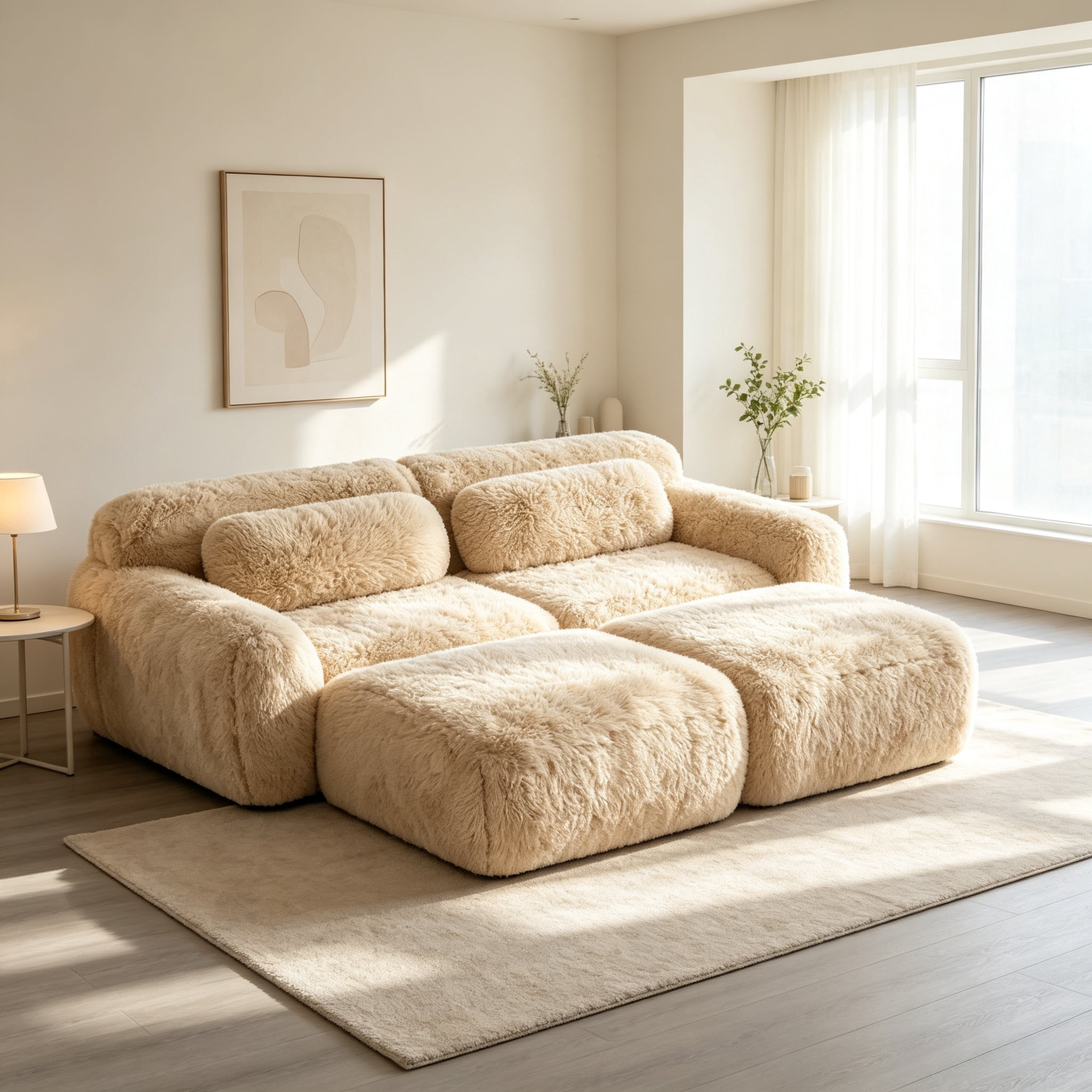 Wakefit 80" Loveseat Sofa, 2-Seater Modular Sectional Sofa Couch with Pillows, Soft Fluffy Plush Fabric Cloud Sofa, 32D High Density Foam Deep Seat with 2 Ottomans, No Assembly, Light Khaki