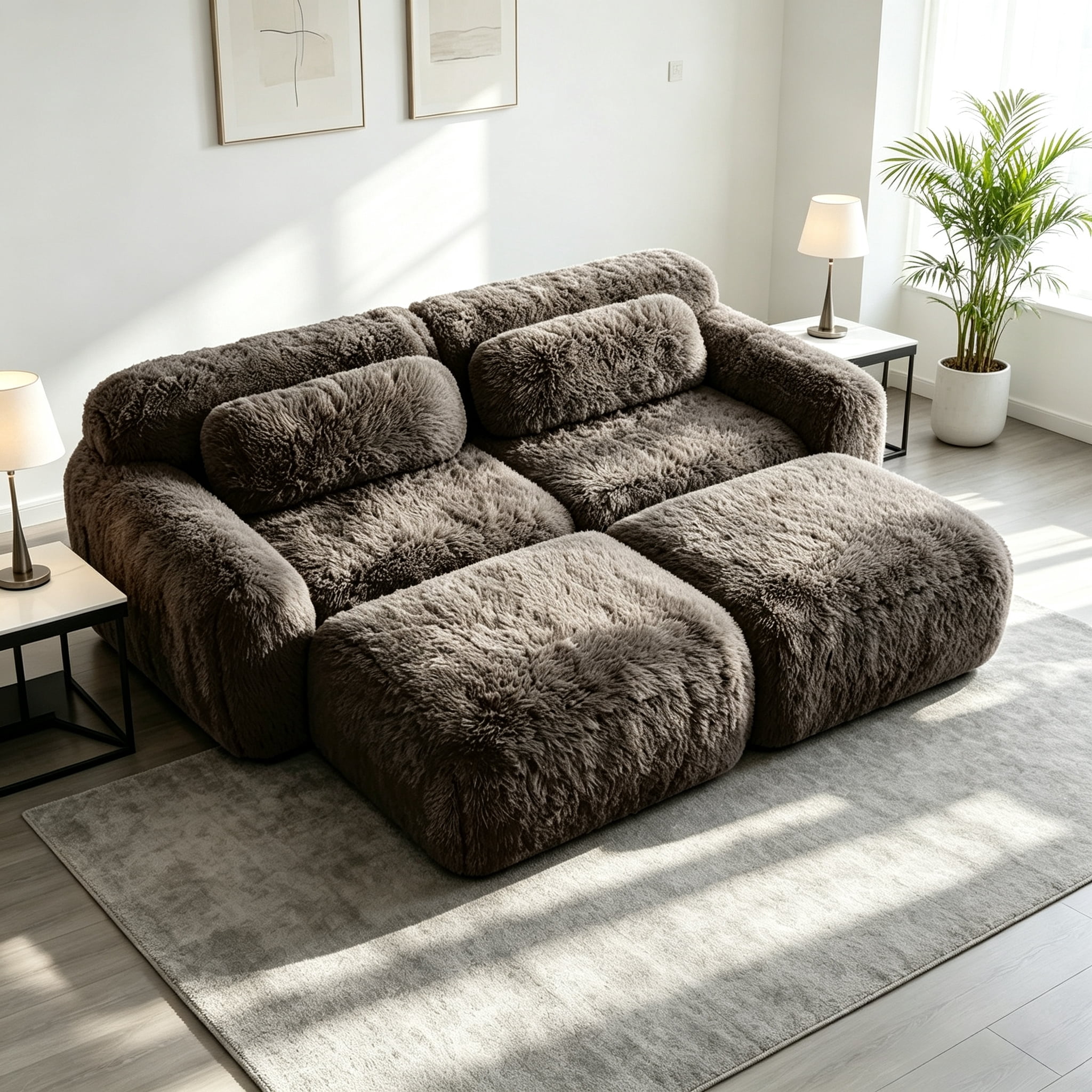 Wakefit 80" Loveseat Sofa, 2-Seater Modular Sectional Sofa Couch with Pillows, Soft Fluffy Plush Fabric Cloud Sofa, 32D High Density Foam Deep Seat with 2 Ottomans, No Assembly, Chocolate