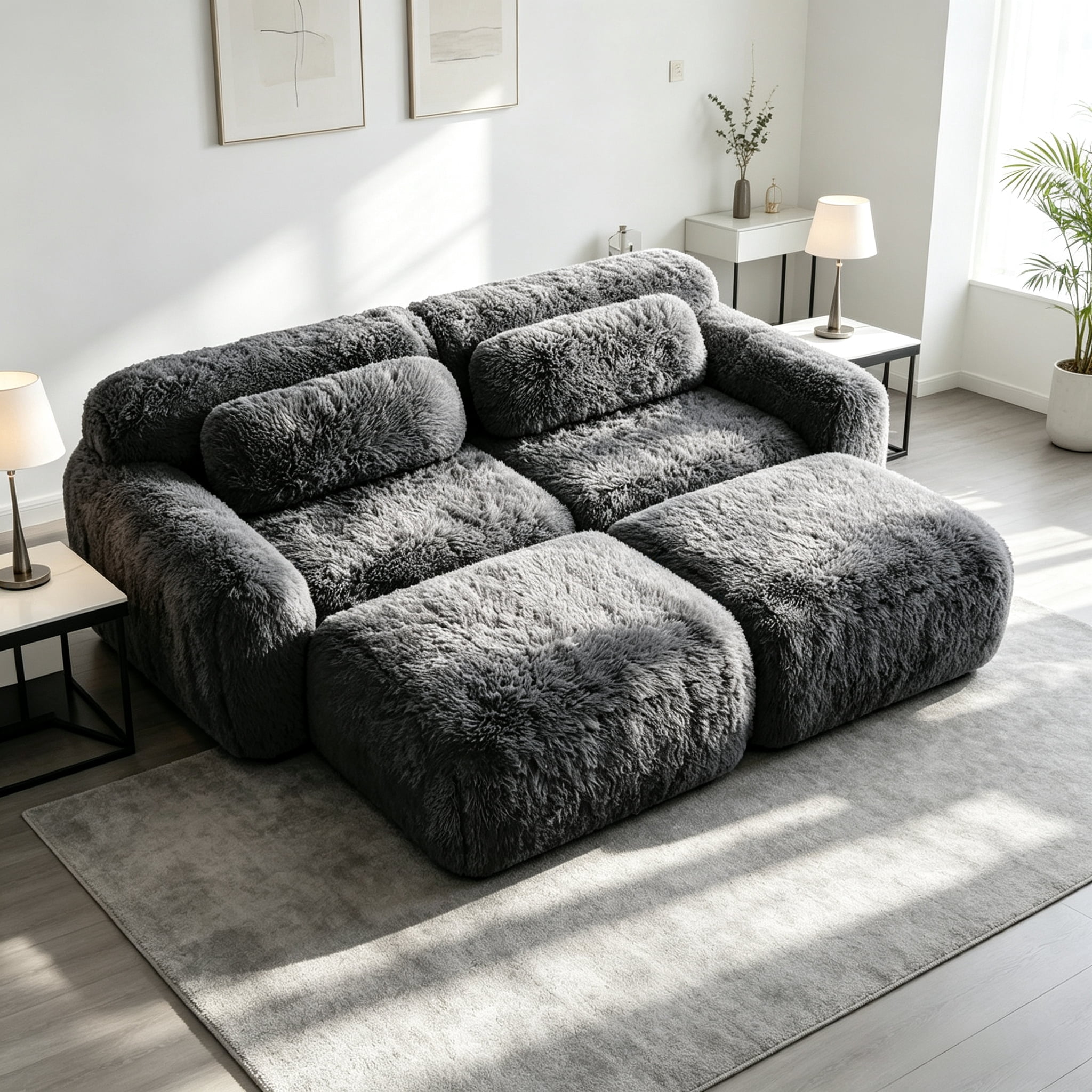 Wakefit 80" Loveseat Sofa, 2-Seater Modular Sectional Sofa Couch with Pillows, Soft Fluffy Plush Fabric Cloud Sofa, 32D High Density Foam Deep Seat with 2 Ottomans, No Assembly, Drak Gray