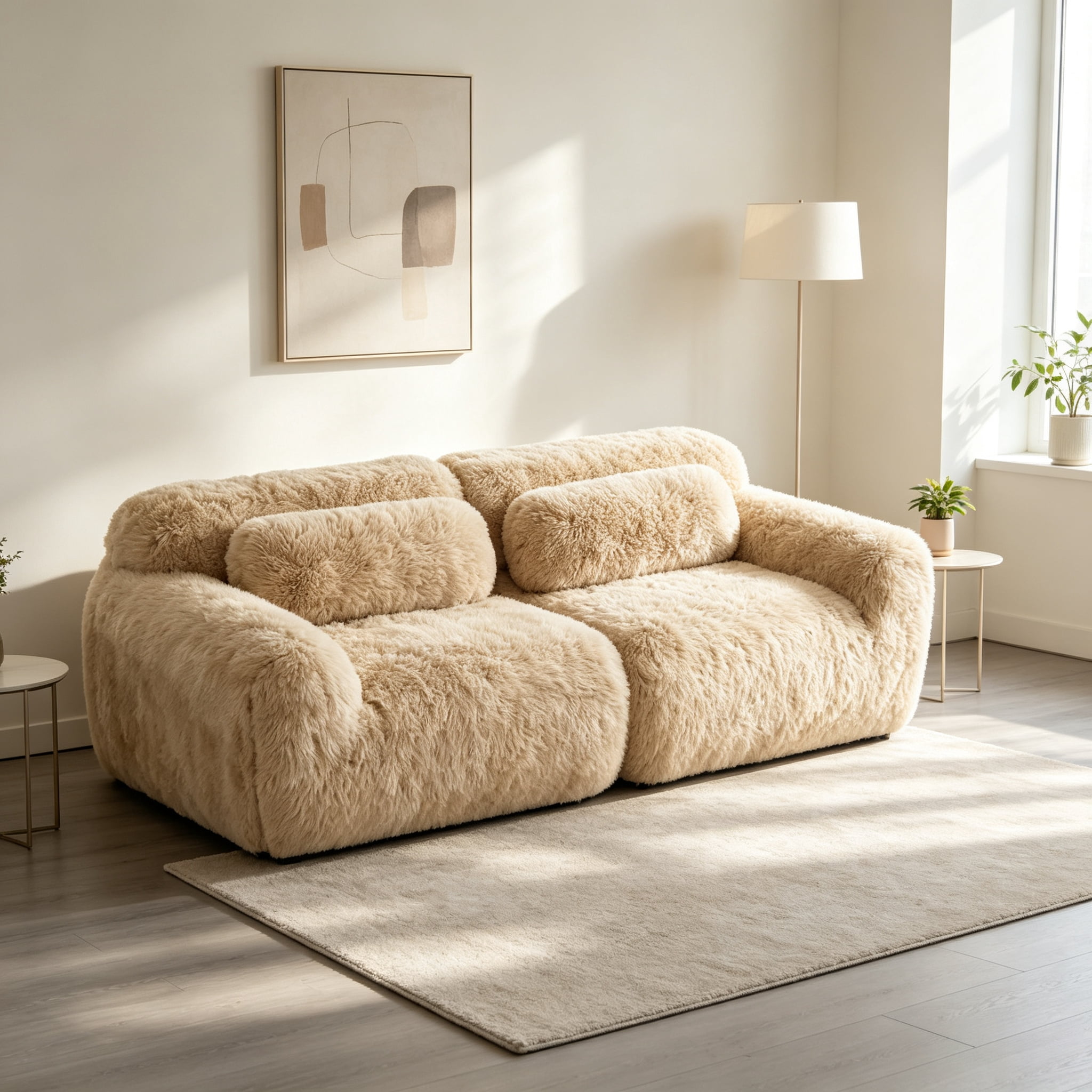 Wakefit 80" Loveseat Sofa, 2-Seater Modular Sectional Sofa Couch with Pillows, Soft Fluffy Plush Fabric Cloud Sofa, 32D High Density Foam Deep Seat Modular Cloud Couch, No Assembly, Light Khaki
