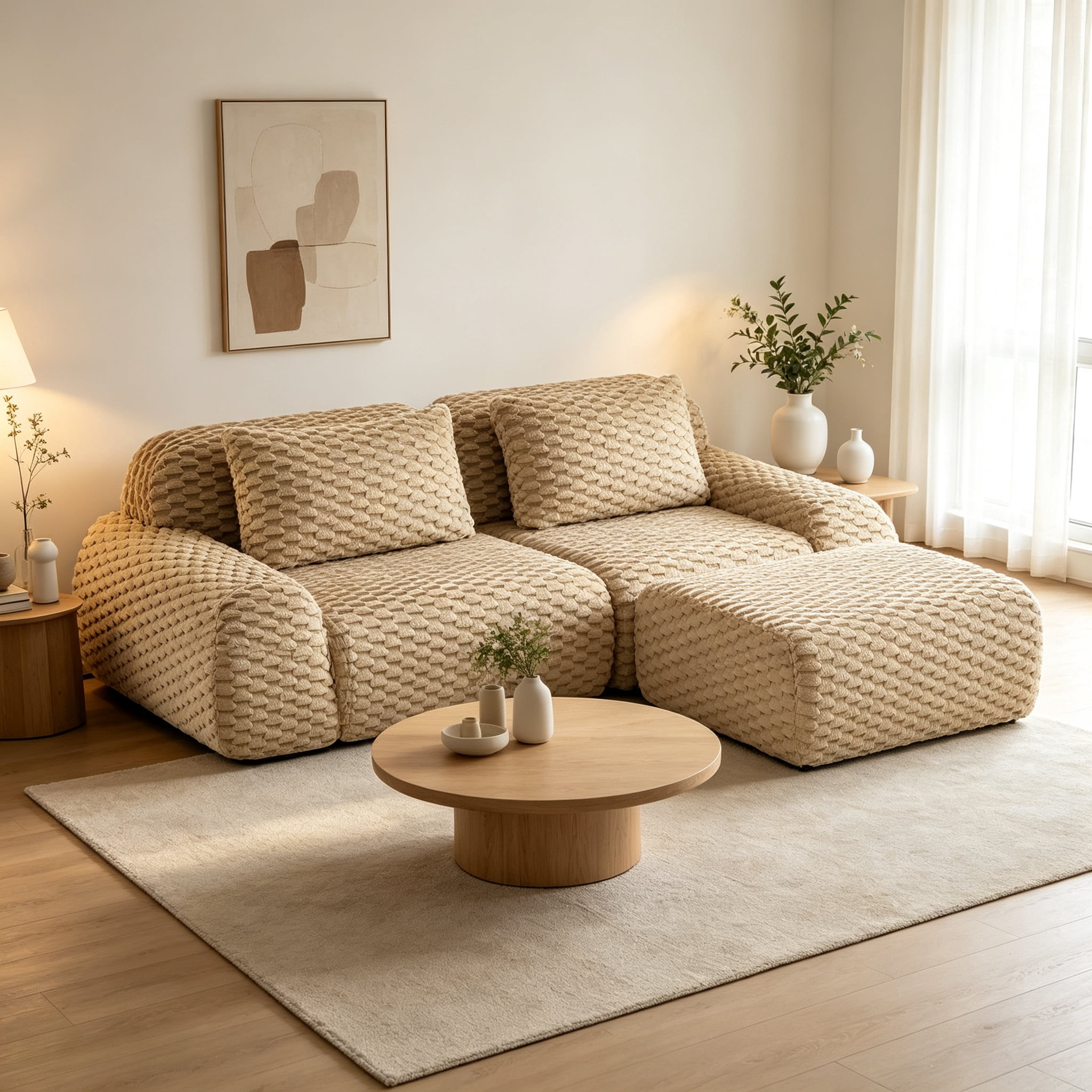 Wakefit 82" Loveseat Boneless Couches, Modular Sectional Flannel Sofa with Ottoman, Soft Deep Seat Comfort Lounge Couch for Apartment Furniture, Chaise Lounge Indoor, Light Camel