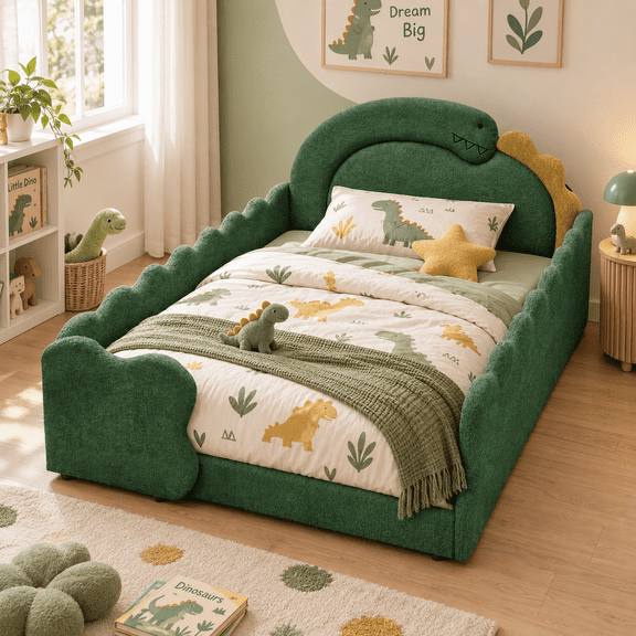 Wakefit Full Size Dinosaur Bed for Kids with Safety Guardrails,Boucle Upholstered Platform Bed Frame with 3D Dinosaur Headboard,Floor Bed for Boys & Girls,No Box Spring Needed,Green