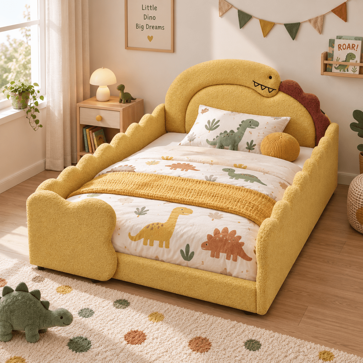 Wakefit Full Size Dinosaur Bed for Kids with Safety Guardrails,Boucle Upholstered Platform Bed Frame with 3D Dinosaur Headboard,Floor Bed for Boys & Girls,No Box Spring Needed,Yellow