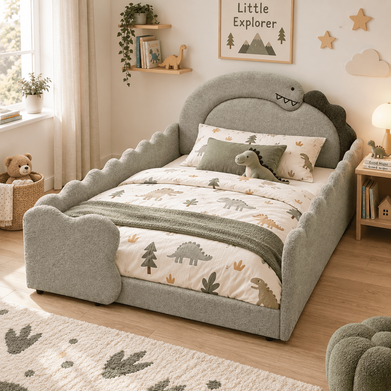 Wakefit Full Size Dinosaur Bed for Kids with Safety Guardrails,Boucle Upholstered Platform Bed Frame with 3D Dinosaur Headboard,Floor Bed for Boys & Girls,No Box Spring Needed,Grey