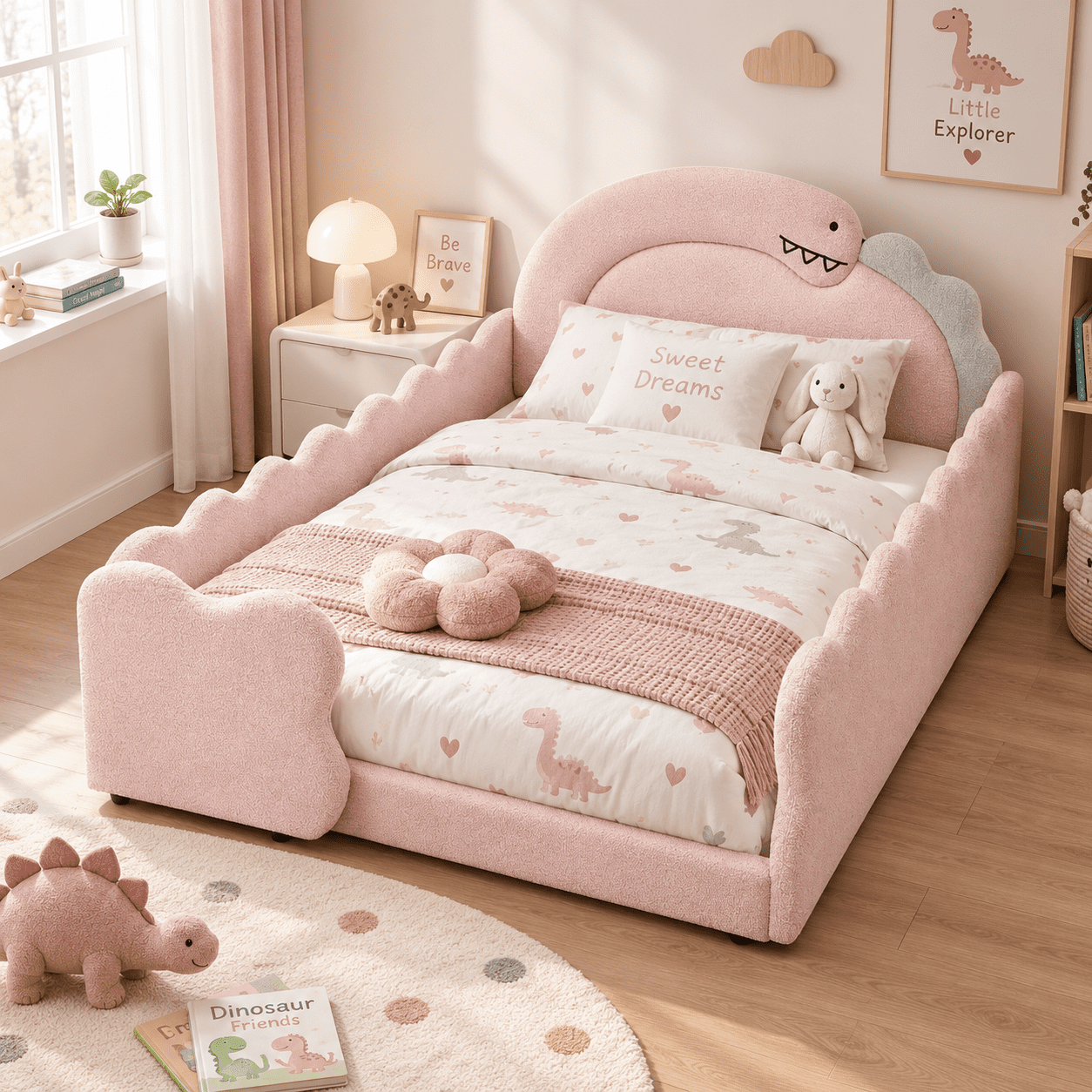 Wakefit Full Size Dinosaur Bed for Kids with Safety Guardrails,Boucle Upholstered Platform Bed Frame with 3D Dinosaur Headboard,Floor Bed for Boys & Girls,No Box Spring Needed,Pink