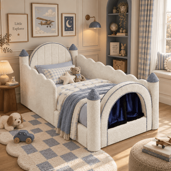 Wakefit Twin Size Castle Bed with Safety Guardrails & Curtain,Boucle Upholstered Kids Bed Solid Wood Frame,Cute Daybed for Bedroom,Camel