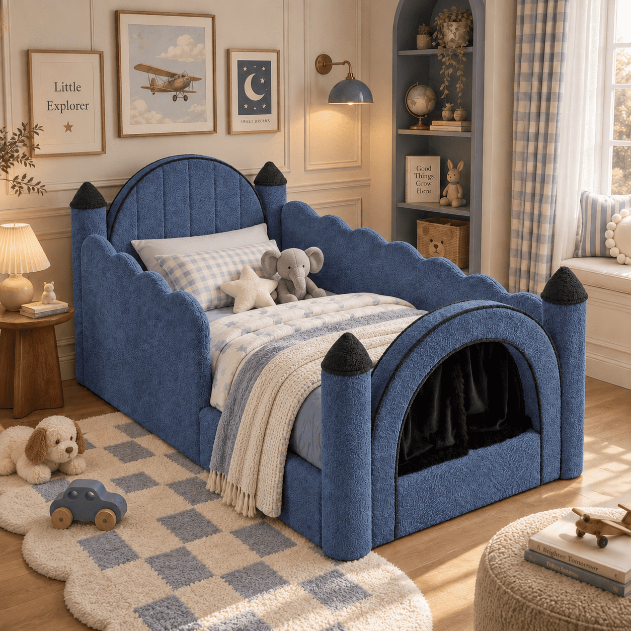 Wakefit Twin Size Castle Bed with Safety Guardrails & Curtain,Boucle Upholstered Kids Bed Solid Wood Frame,Cute Daybed for Bedroom,Navy Blue