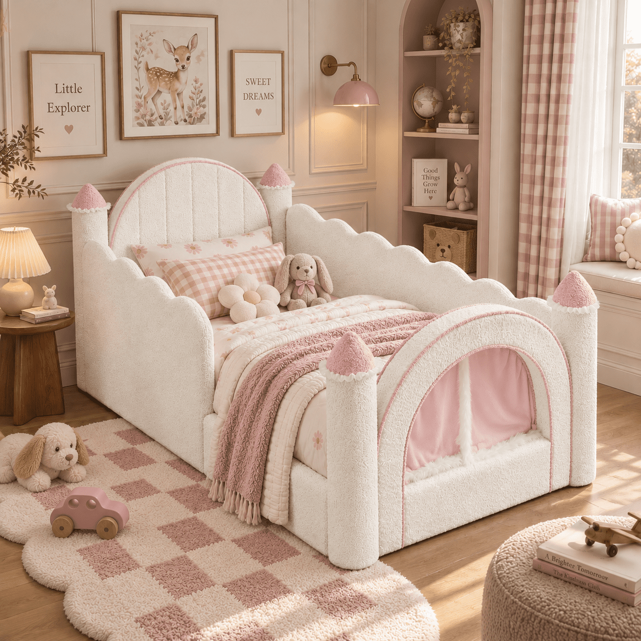 Wakefit Twin Size Castle Bed with Safety Guardrails & Curtain,Boucle Upholstered Kids Bed Solid Wood Frame,Cute Daybed for Bedroom,White