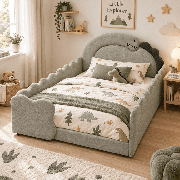 Wakefit Twin Size Dinosaur Bed for Kids with Safety Guardrails,Boucle Upholstered Platform Bed Frame with 3D Dinosaur Headboard,Floor Bed for Boys & Girls,No Box Spring Needed,Grey