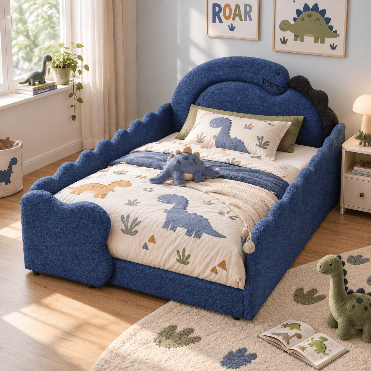 Wakefit Twin Size Dinosaur Bed for Kids with Safety Guardrails,Boucle Upholstered Platform Bed Frame with 3D Dinosaur Headboard,Floor Bed for Boys & Girls,No Box Spring Needed,Navy Blue