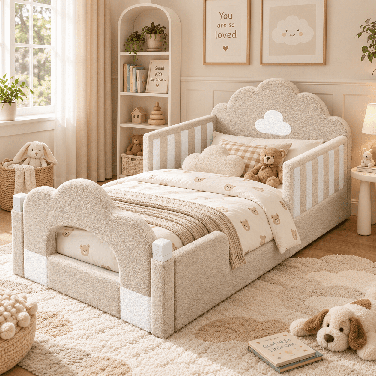 Wakefit Twin Size Kids Cloud Bed with Safety Guardrails,Boucle Upholstered Platform Bed Frame with Wood Slats,Cute Daybed for Girls Boys Bedroom,Camel
