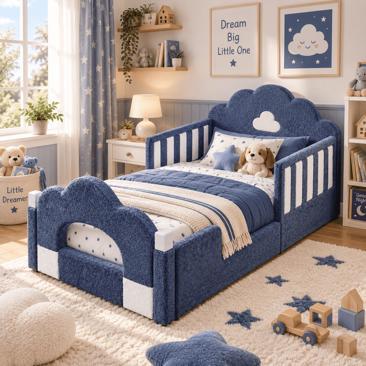 Wakefit Twin Size Kids Cloud Bed with Safety Guardrails,Boucle Upholstered Platform Bed Frame with Wood Slats,Cute Daybed for Girls Boys Bedroom,Sky Blue