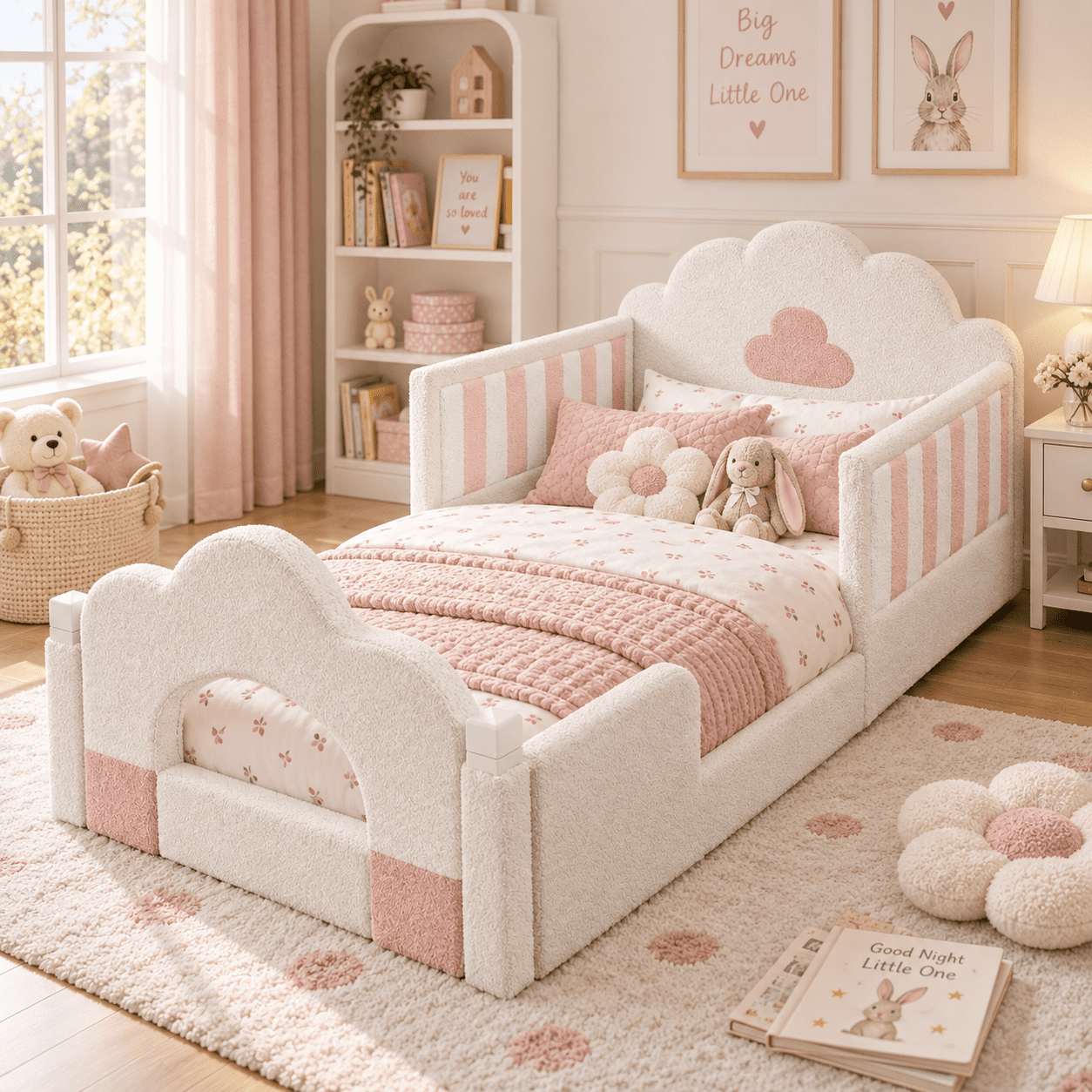 Wakefit Twin Size Kids Cloud Bed with Safety Guardrails,Boucle Upholstered Platform Bed Frame with Wood Slats,Cute Daybed for Girls Boys Bedroom,White