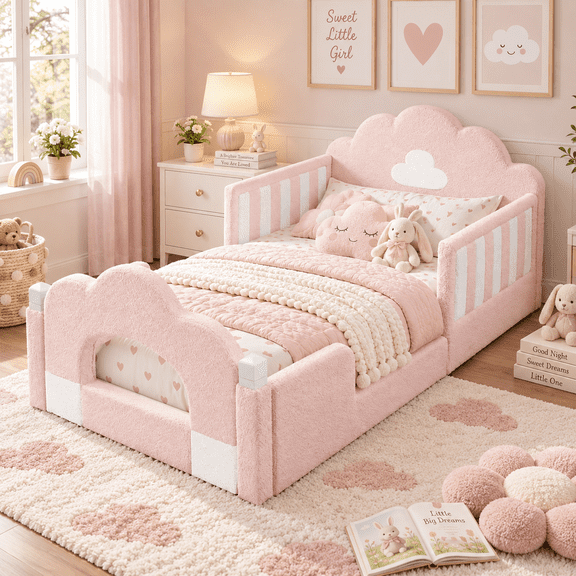 Wakefit Twin Size Kids Cloud Bed with Safety Guardrails,Boucle Upholstered Platform Bed Frame with Wood Slats,Cute Daybed for Girls Boys Bedroom,Pink