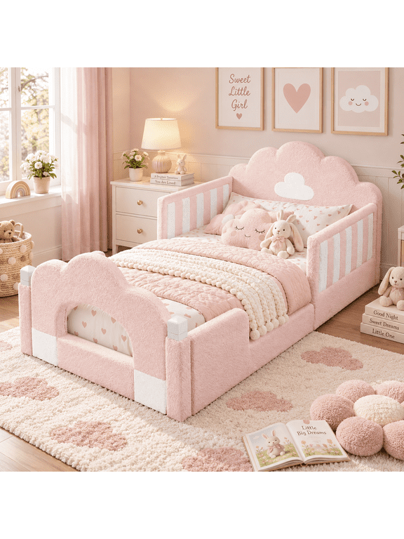 Twin Size Kids Cloud Bed with Safety Guardrails,Boucle Upholstered Platform Bed Frame with Wood Slats,Cute Daybed for Girls Boys Bedroom,Pink