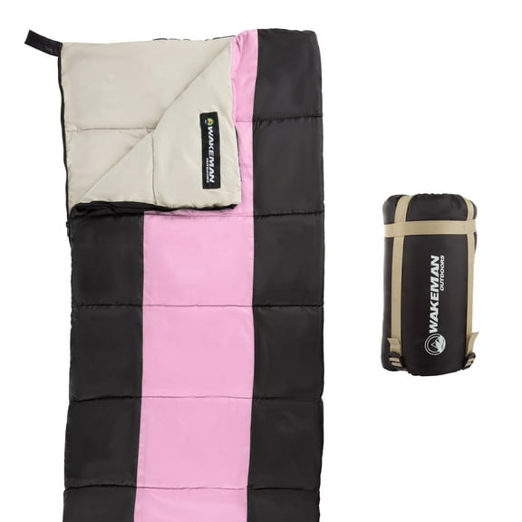 Lightweight Kids Sleeping Bag - Carrying Bag with Compression Straps Included - For Camping, Backpacking, Sleepovers by Wakeman Outdoors (Pink/Black)