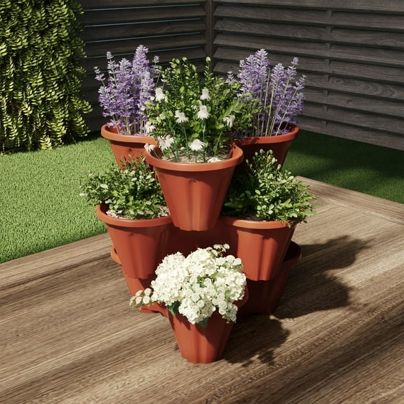 Stacking Planter Tower- 3-Tier Space Saving Flower Pots- Set of 3 Indoor/Outdoor Vertical