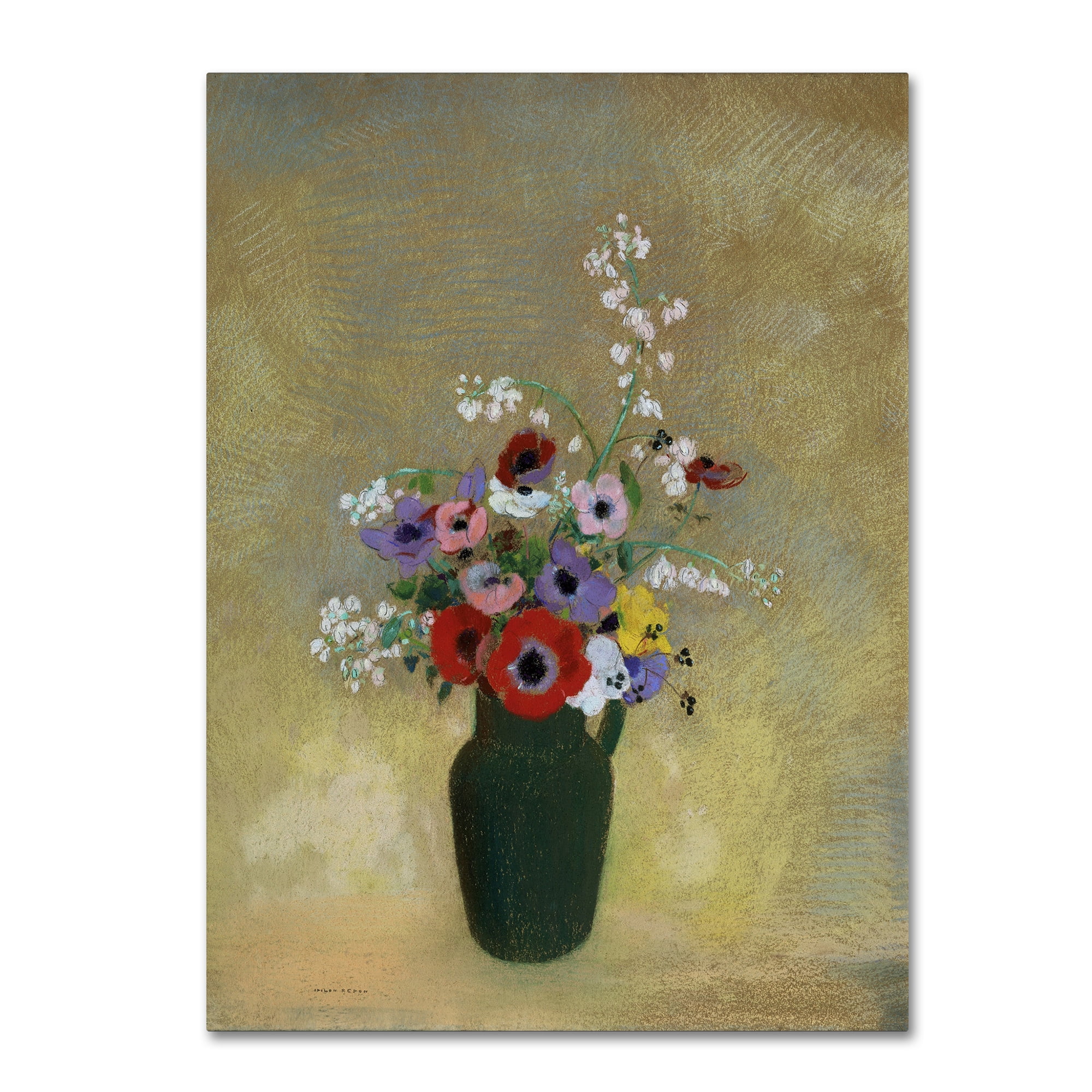 Odilon Redon Large Green Vase with Mixed Flowers Canvas Art