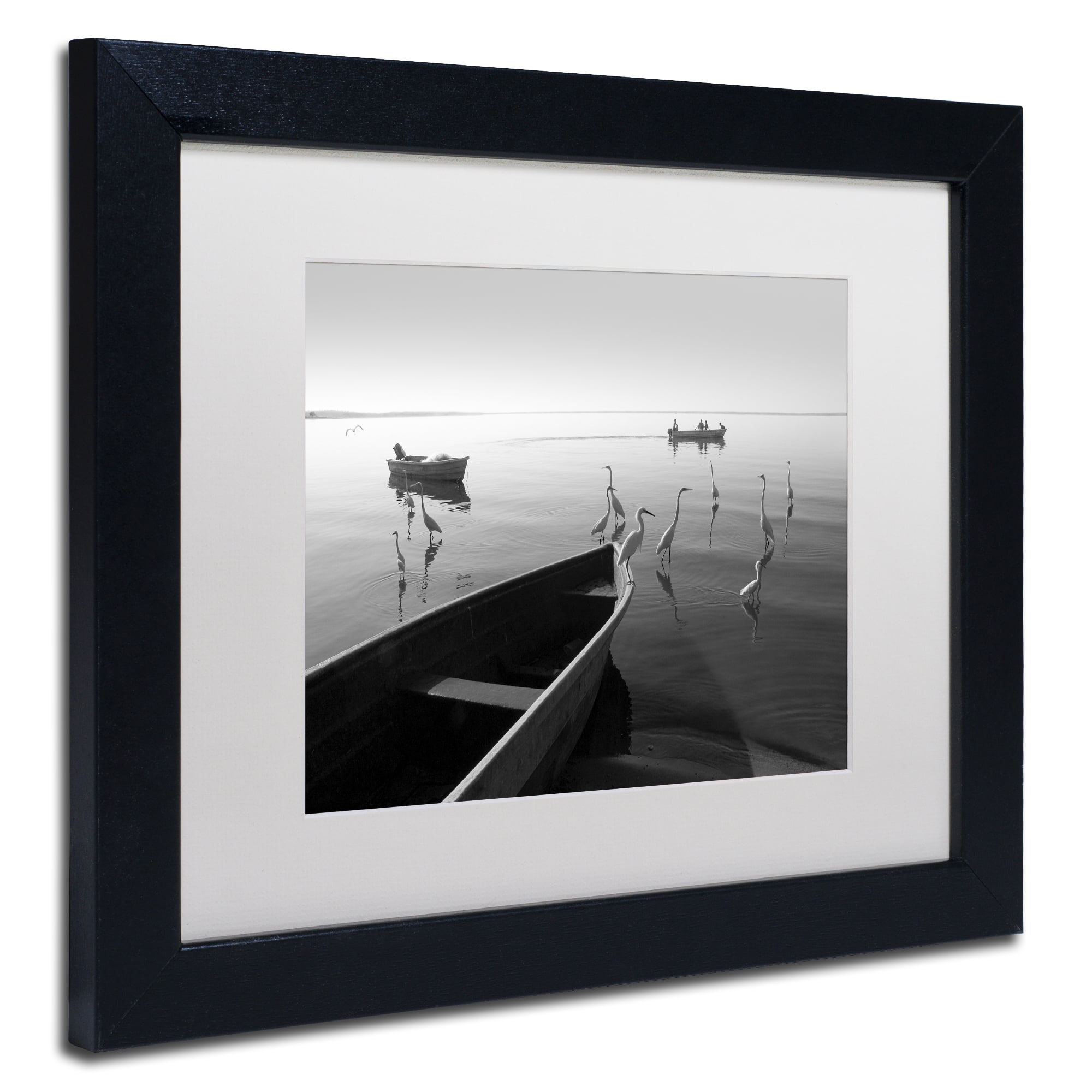 Moises Levy 'Herons and 3 Boats' Matted Framed Art
