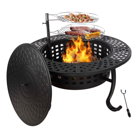 Pure Garden 37” Round Wood Burning Outdoor Fire Pit Table with 2 Grills