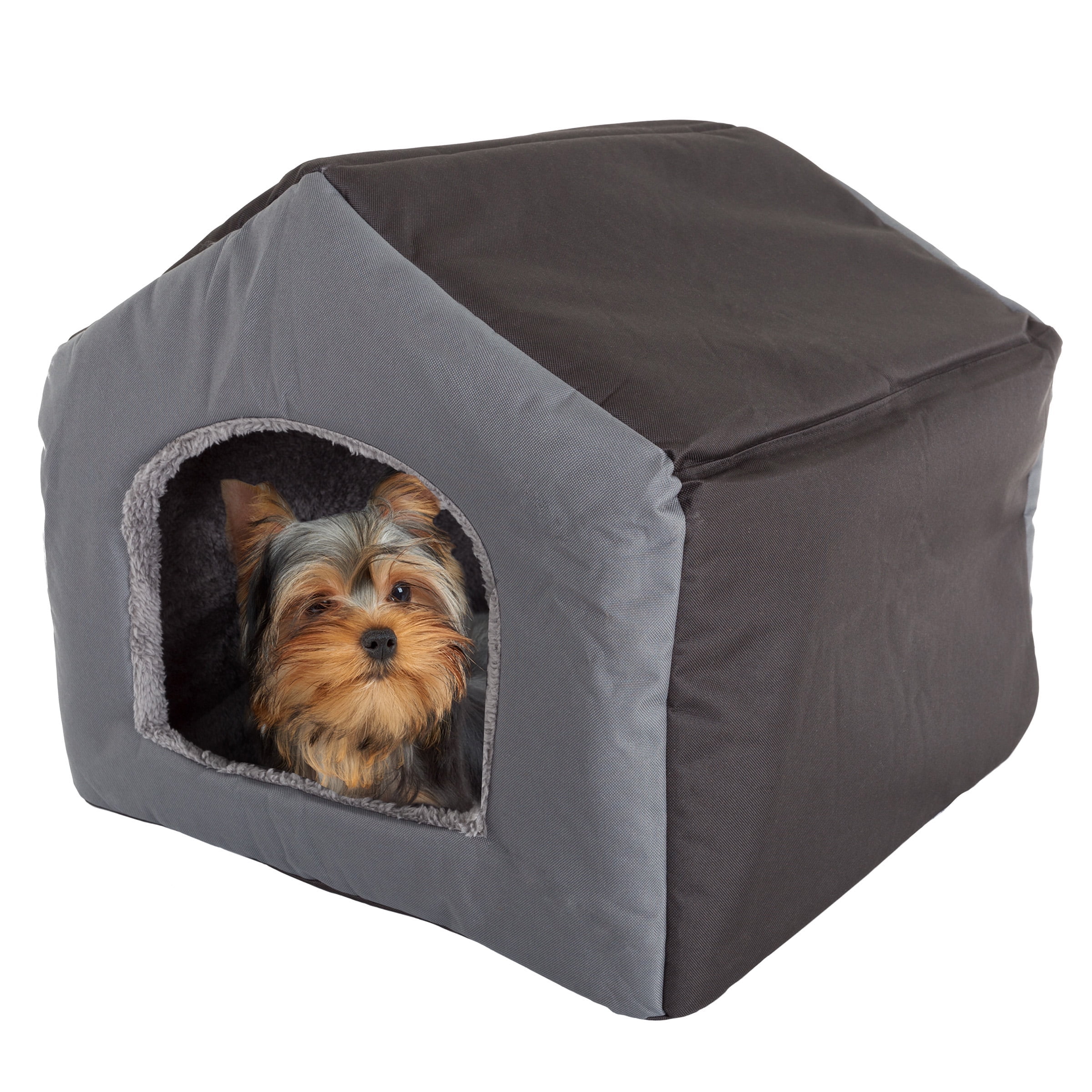 Small Gray Canvas House-Shaped Pet Bed with Sherpa Lining