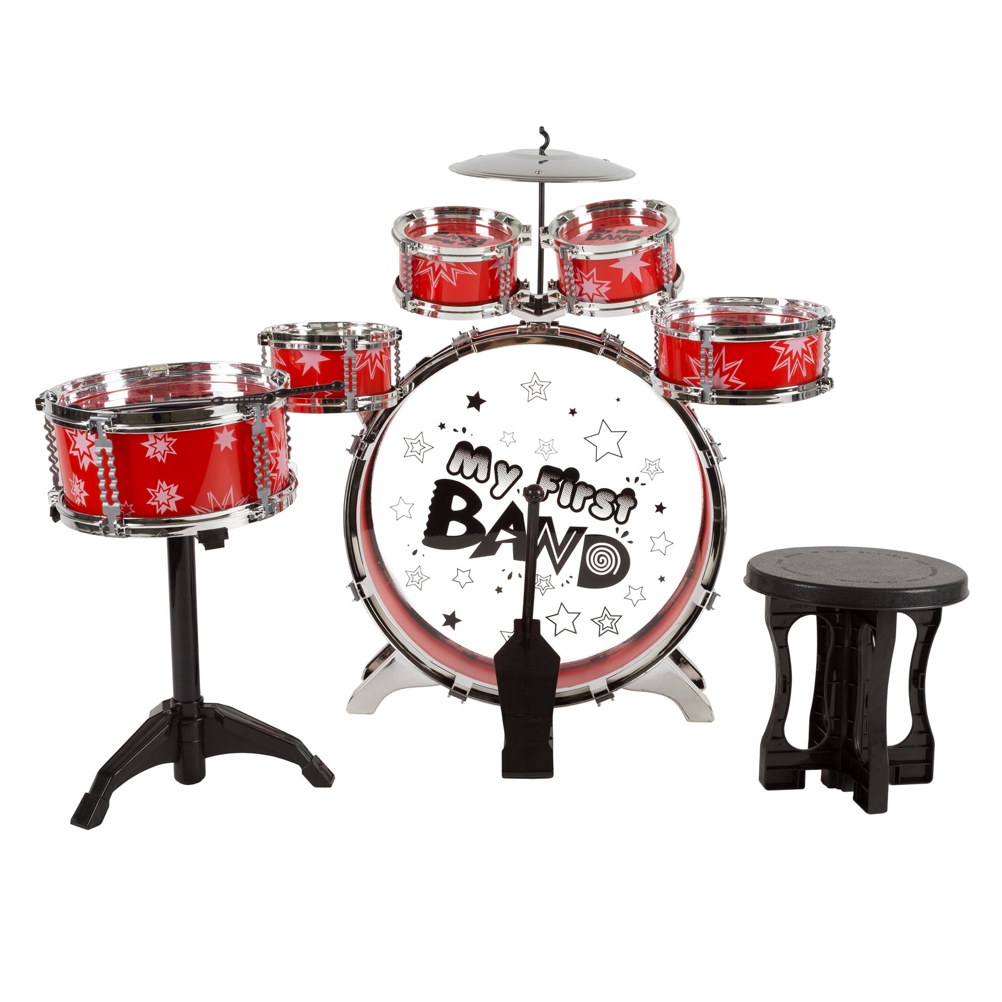 Hey Play 10-Piece Full Toy Drum Set for Kids, Red