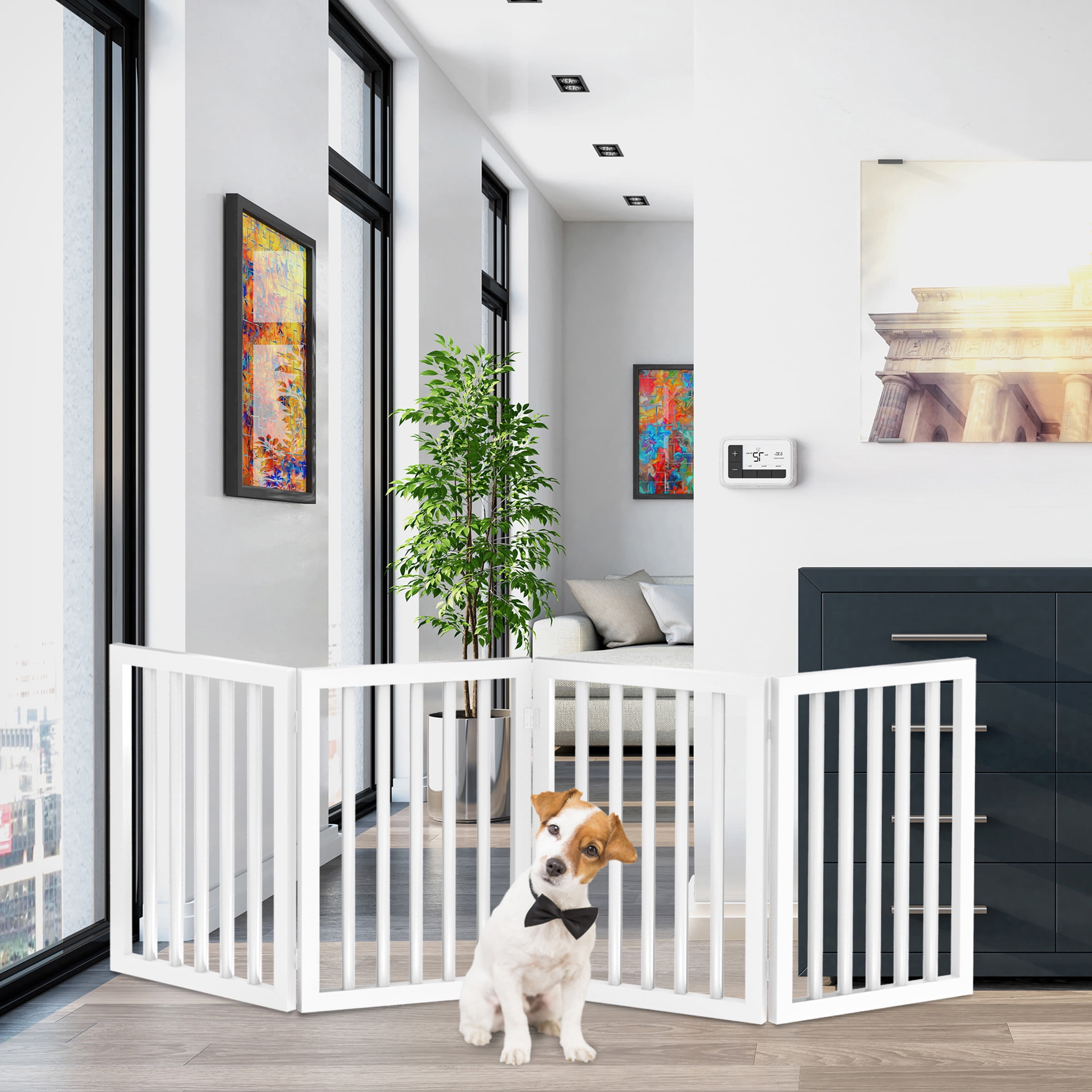 White Freestanding 4-Panel Plastic Pet Gate for Doorways and Stairs