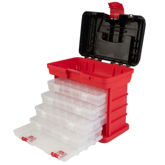 Stalwart Small Parts Organizer Toolbox for Hardware, Tackle, or Crafts, Red